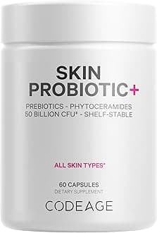 Codeage Skin Probiotics + Prebiotics - Skin Care Routine Supplement - 50 Billion CFU - Ayurvedic Botanical Herbs - Face Probiotics - Shelf Stable Cleanser, Non-GMO, Vegan - 60 Capsules