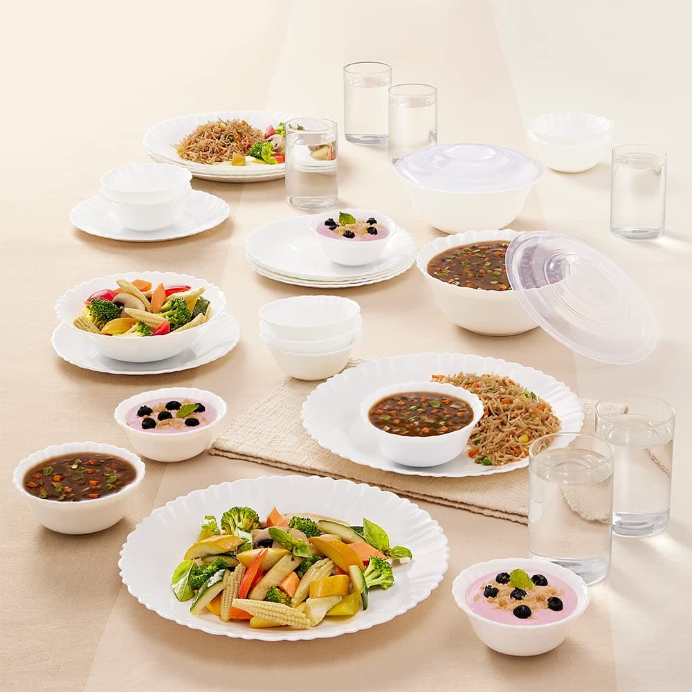 Larah By Borosil Brand Logo Silk Series Opalware Dinner Set with Glasses, 35 Pcs for Family of 6, Microwave & Dishwasher Safe, Bone-Ash Free, Crockery Set for Dining & Gifting, Plates & Bowls, White