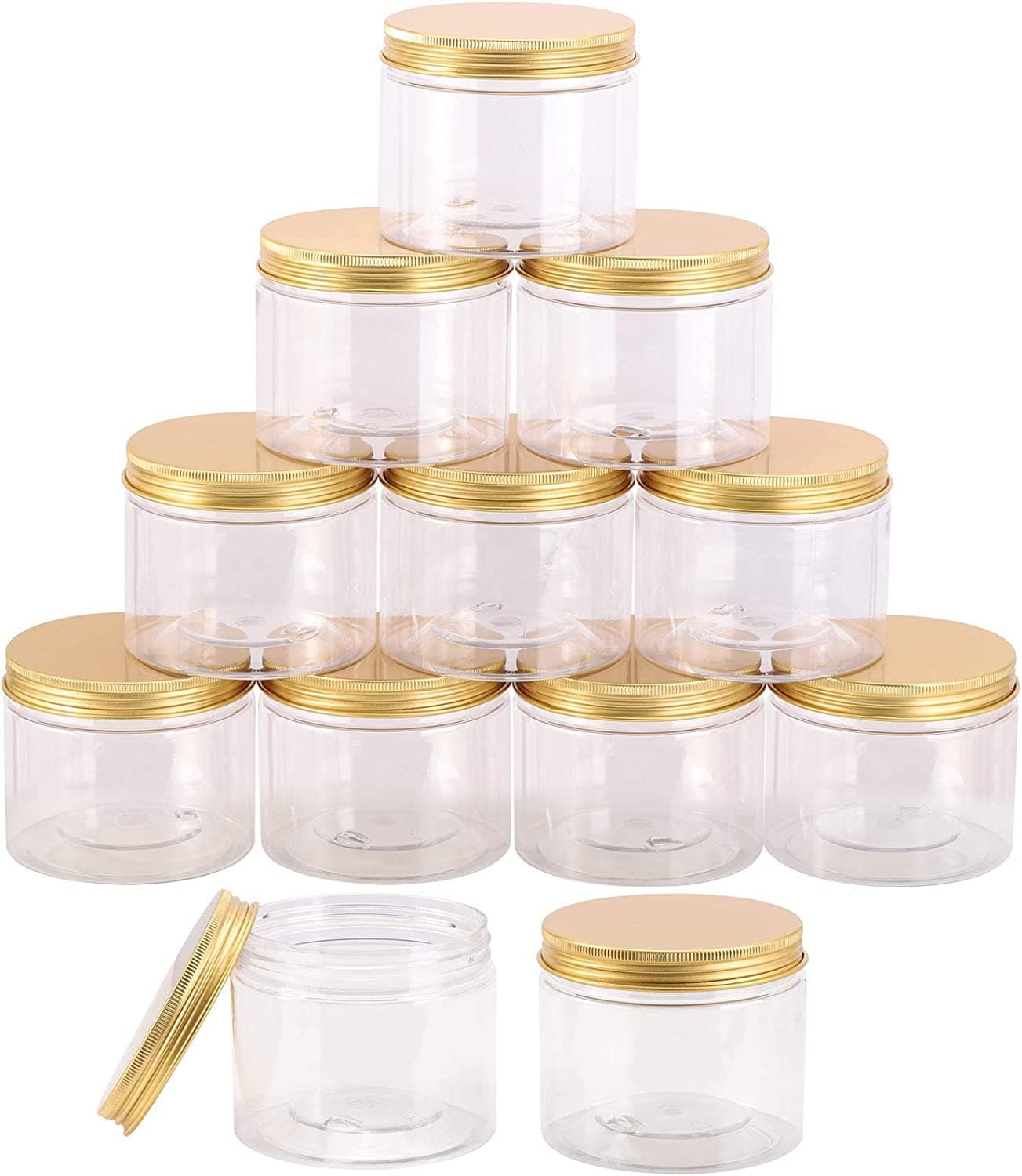Alsaqer12 Pieces 250ml Empty Bottle Refillable Clear Plastic Jars with Gold Lids for Food Home Storage Products Round Containers Candy,Spices