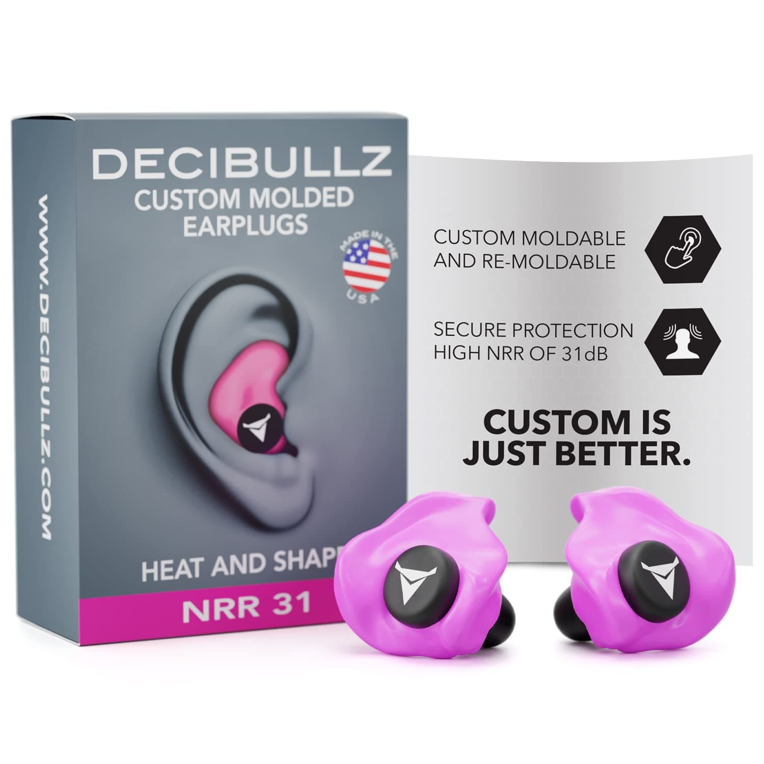 Custom Molded Earplugs, 31dB Highest NRR, Comfortable Hearing Protection for Shooting, Travel, Swimming, Work and Concerts (Pink)