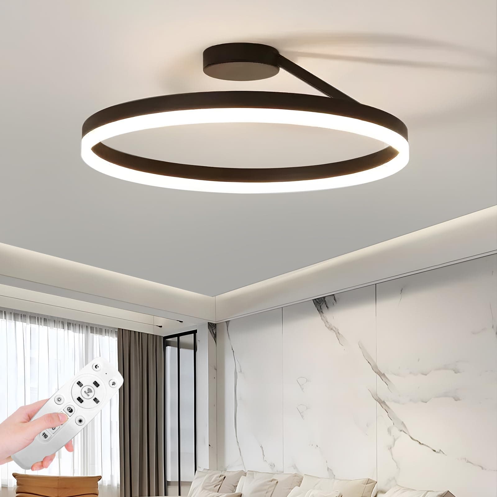 YATAI Modern LED Chandelier, 28W Adjustable Dimmable LED Ceiling Light Fixture with Remote Control, 3-Color Temperature (3000K-6000K), 19.6" Flush Mount Light for Bedroom/Living Room, Black