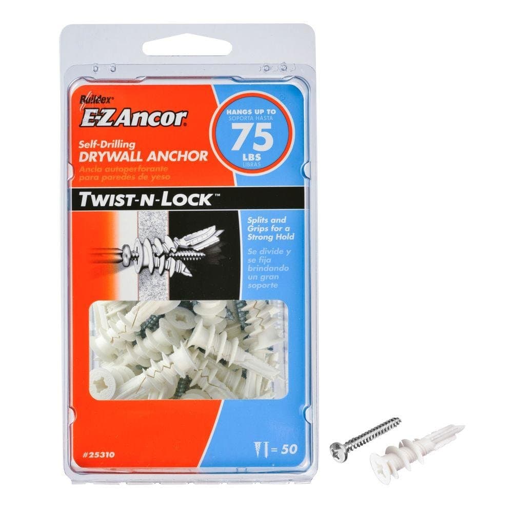 E-Z Ancor 25310#8 x 1-1/4" 50 Count 75lb Self-Drilling Twist-N-Lock Drywall Anchor
