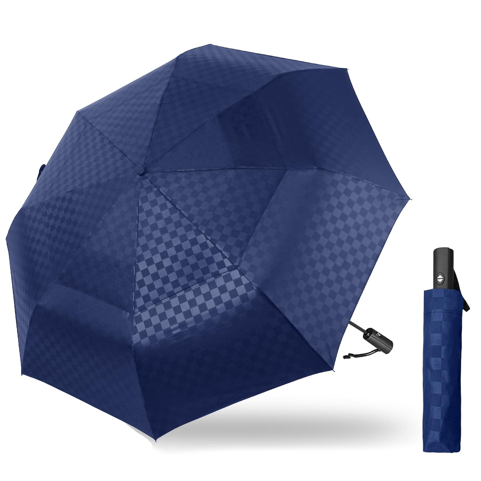SatolLarge Golf Umbrella 62 Inch, Automatic Windproof Double Canopy Vented 8 Ribs Sturdy Folding Umbrella, UPF 50+ Portable Wind Resistant Sun & Rain Compact Umbrellas for Travel (checkered)