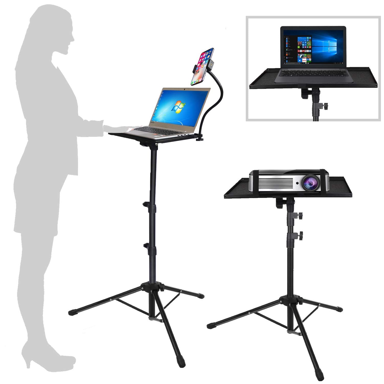 Projector Laptop Tripod Stand - Computer, Tablet, DJ Equipment Holder Mount with Gooseneck Phone Holder Height Adjustable Up to 42 Inches w/ 15'' x 11'' Plate Size - Perfect for Stage or Studio Use