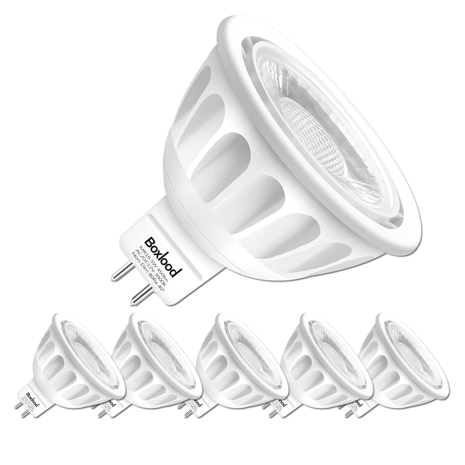 Boxlood MR16 LED Light Bulb Non Dimmable, 90% Energy Saving, 3000K Warm White, 40 Degree Beam Angle, AC/DC 12V, 5 Watts, 50W Halogen Bulb Equivalent, GU5.3 Bi-Pin Base, 6-Pack