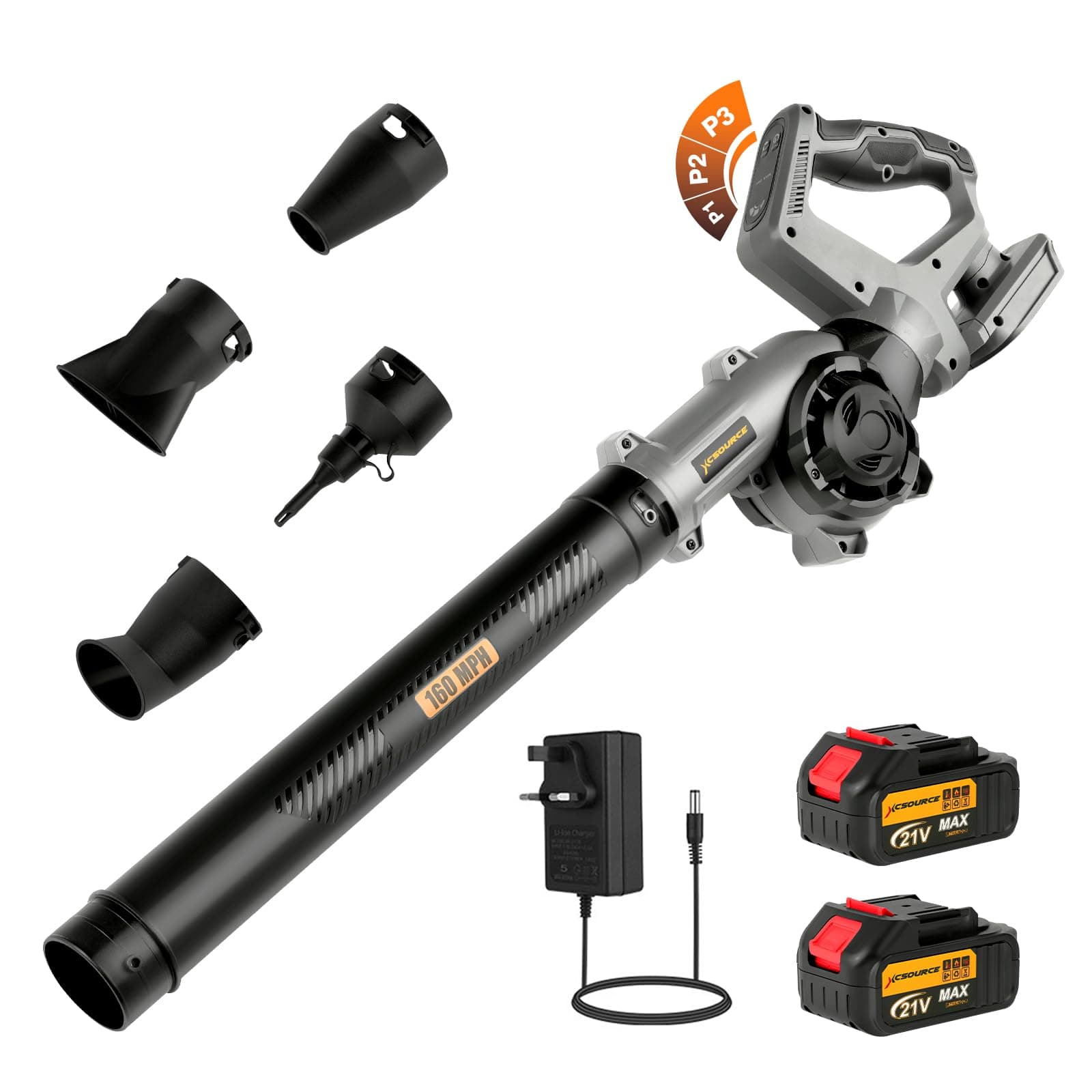 Leaf Blower Cordless, 258 km/h 270° Rotatable, Electric Leaf Blower with 3 Modes Up to 17000 RPM with 2 Large Capacity Batteries, Leaf Blowers with 4 Blowing Nozzles for Lawn and Garden Care
