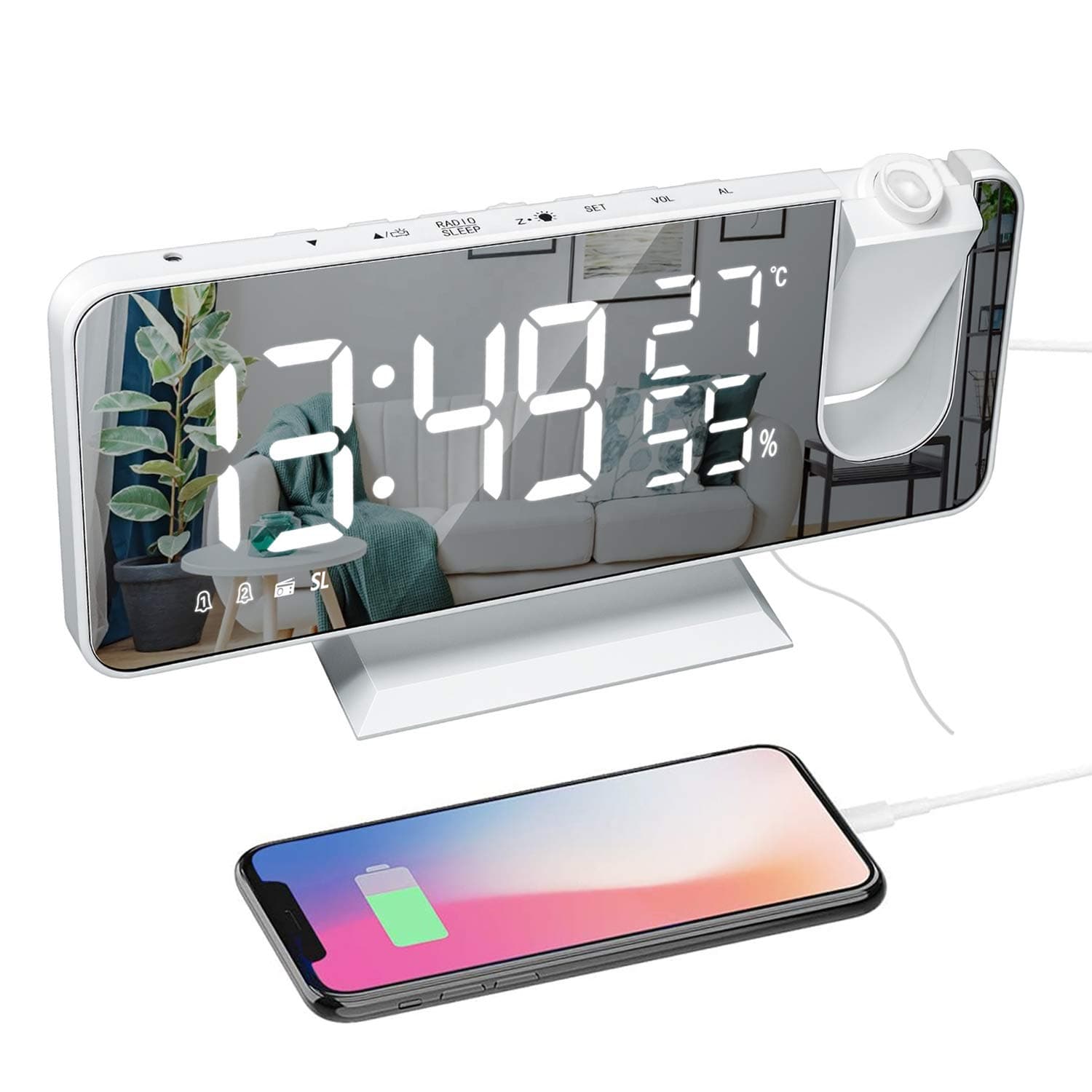 Projection Alarm Clock with USB Charger 180° Rotable Projector Alarm Clock with fm Radio 7.4'' Mirror Display 2 Sounds 4 Dimmer White H-AC52White-White