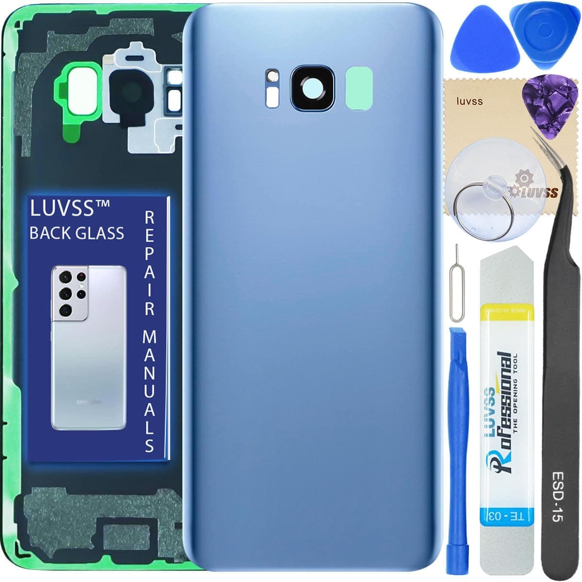 LUVSS Glass Back Cover Compatible with Galaxy S8+ Plus SM-G955F Glass Panel Replacement + Camera Glass + Repair Manual DIY Tools Kit -Blue