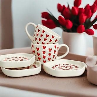 Ceramic Love Latte Coffee Mug & Dessert Plate Set | Red Heart | Set of 6 Cups & 6 Plates, 300 ML | Best for Mothers Day Gifts for mom