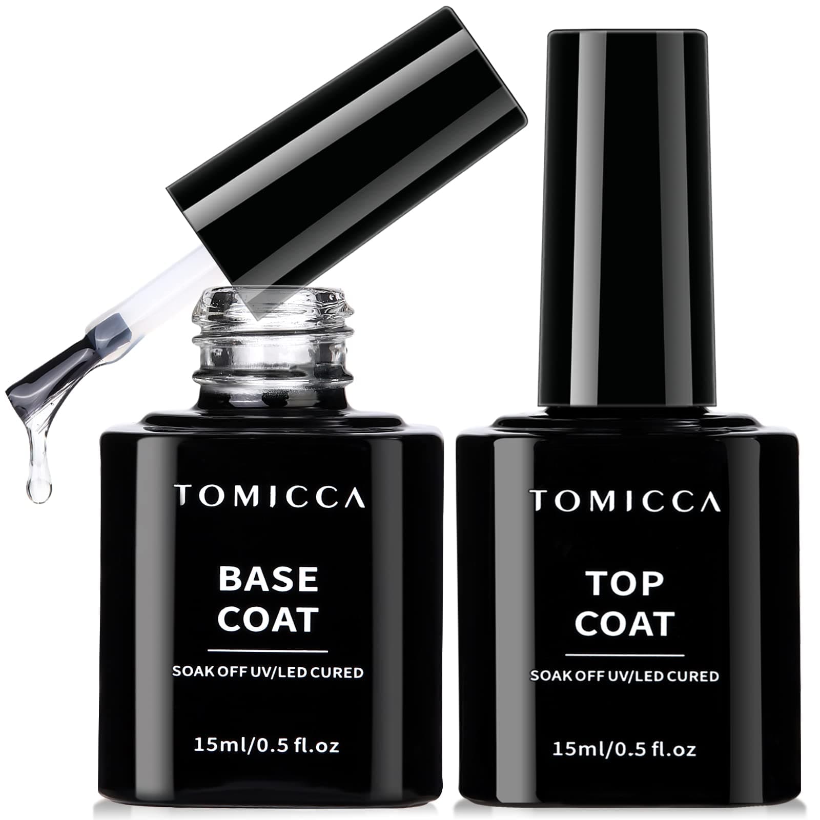 2 Pcs 15ml No Wipe Top Coat Base Coat Soak Off Set, Shine Finish and Long Lasting, Soak Off LED Gel Base Top Coat Glossy Shine Finish, Base Coat and Top Coat for Nail Polish