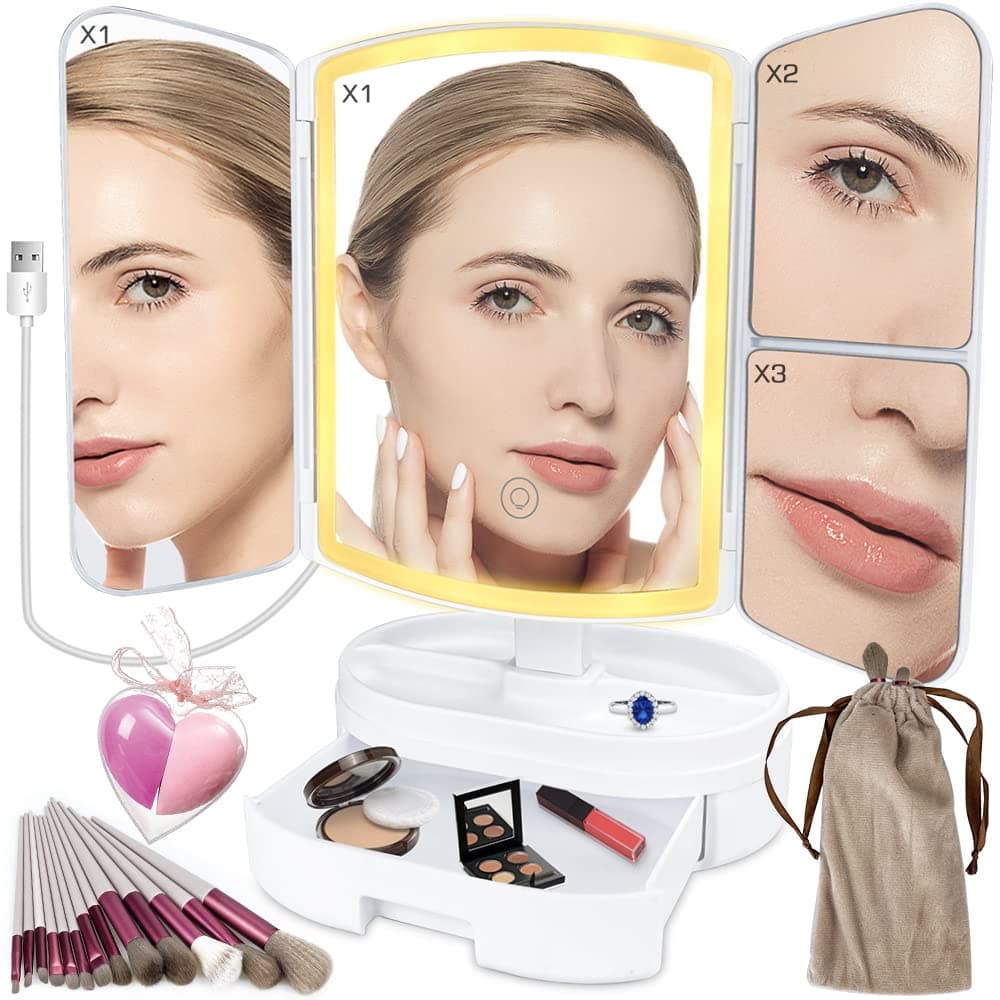 Tri-Fold Lighted Makeup Mirror,Vanity Mirror with 3 Adjustable Color Lighting,1X2X3X Magnification,USB Power Supply and Storage Box,2pcs Makeup Sponges,13pcs Makeup Brush,Cosmetic Mirror kits