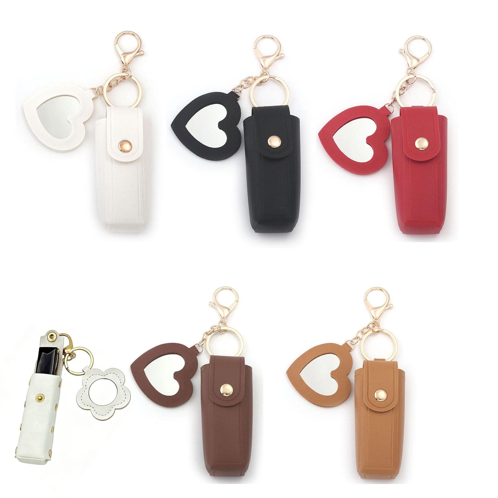4 Pcs PU Leather Chapstick Holder Keychain with Mirror