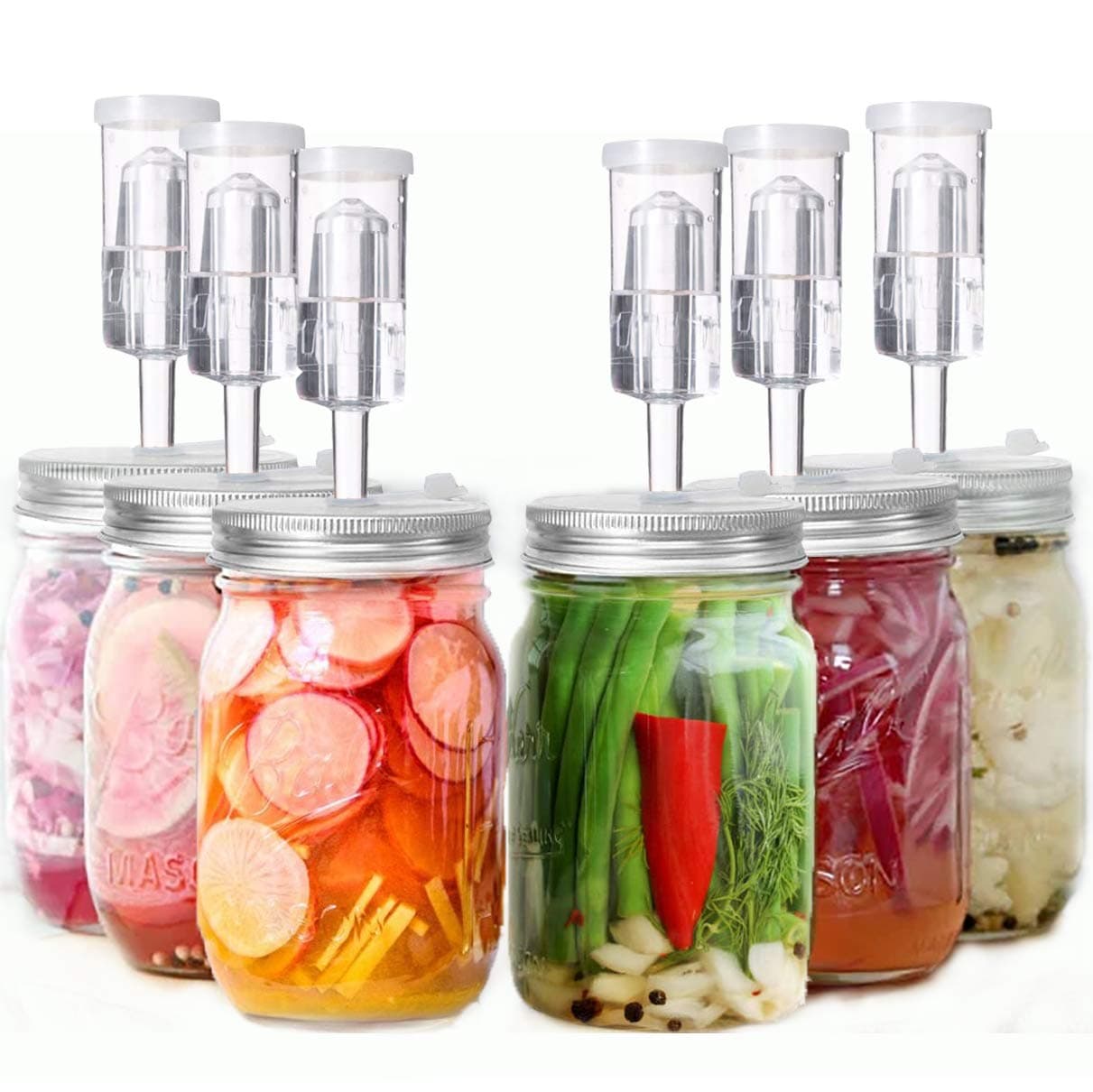 Fermentation Lids, 6 Set Fermentation Kit for Wide Mouth Jars, 6 Stainless Steel Fermenting Lids with 24 Silicone Grommets, 6 Airlocks, 6 Silicone Rings(Jars Not Included)