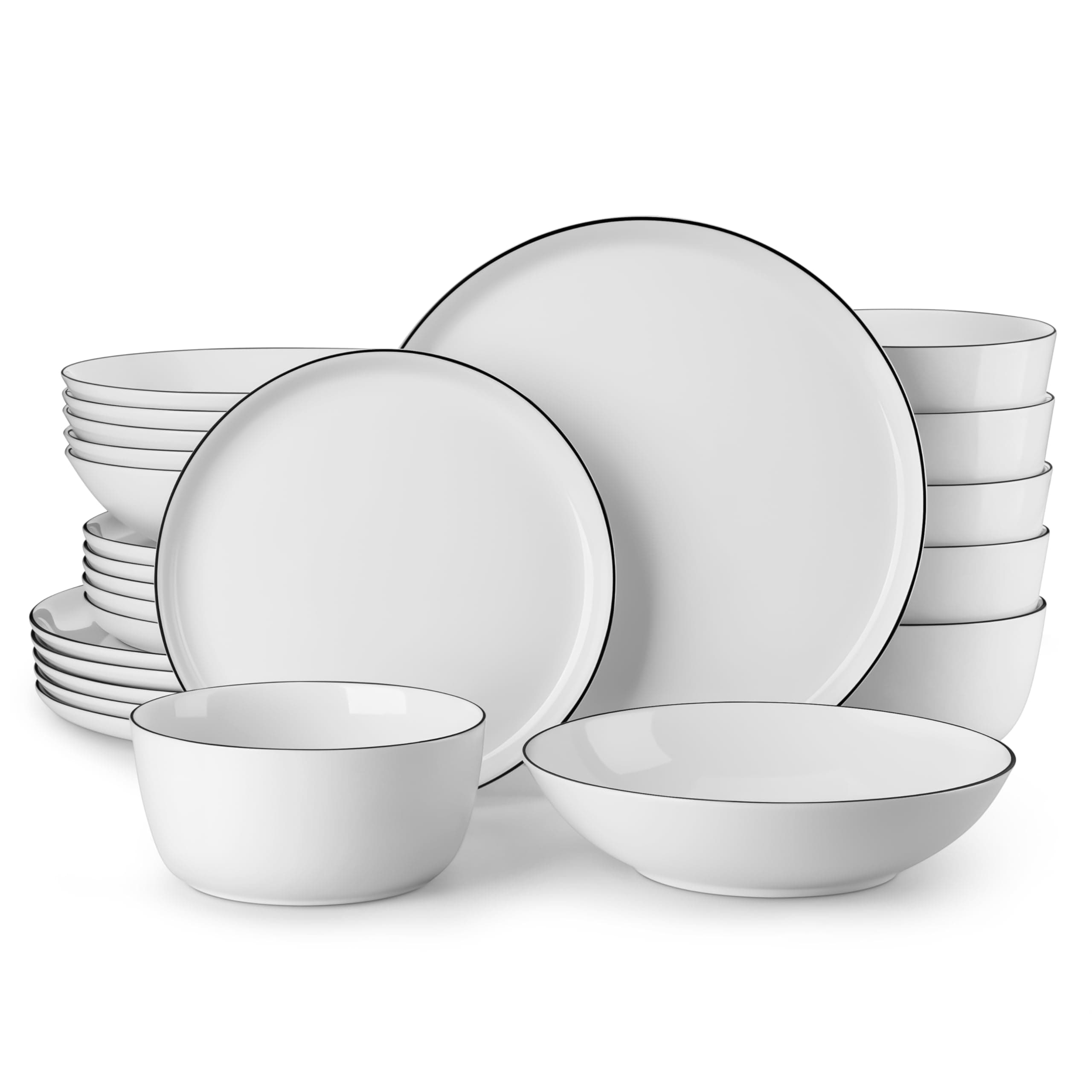 MALACASA 24 Piece Dinner Sets for 6 People, White and Black Rim Porcelain Crockery Set with Plates and Bowls, Premium Ceramic Dinnerware Sets, Microwave and Dishwasher Safe, Lexi Series