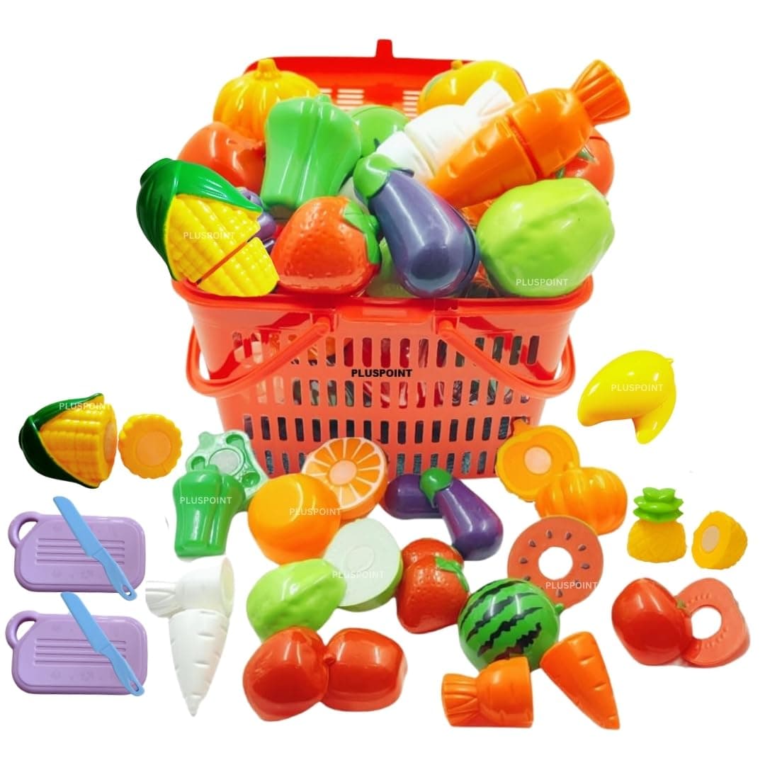 - PLUSPOINT Fruit Cut Toy with Storage Basket Realistic Sliceable Cutting Fruits and Vegetable Pretend Play Kitchen Toys for Kids 7-Fruits/ 7-Vegetables/ 2 Board/ 2 Knife (Multicolour), 18pc