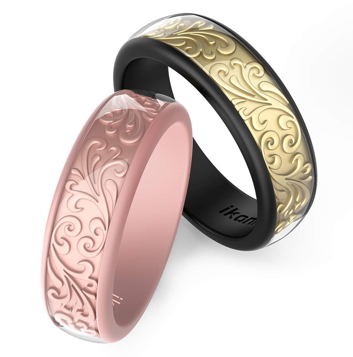 DOEPLEX Silicone Wedding Ring, Two Piece Rubber Wedding Ring with Unique 3D Sculptured Flower Pattern, 6.5 mm Wide 2 Pack in Metal Box