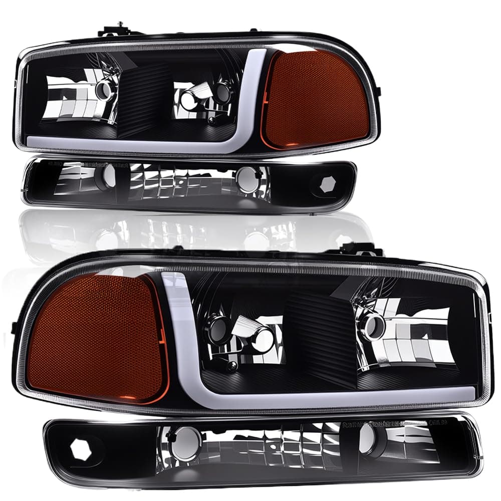 PIT66 LED Headlight Assembly, Compatible with 1999-2007 GMC Sierra, Fit 1999-2006 GMC Yukon, Replacement Headlamps Clear Lens Black Housing Amber Reflector