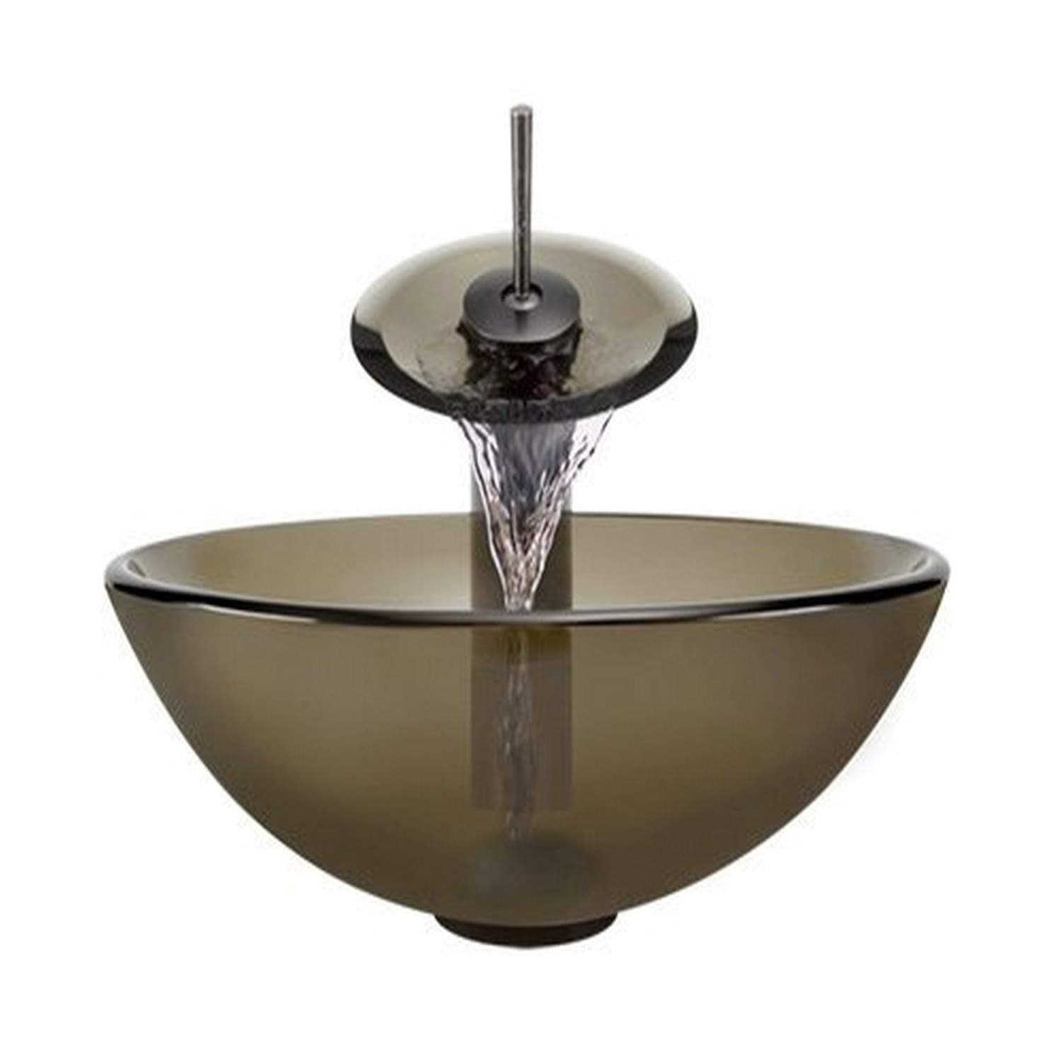 Aurora Sinks G01-Desert-ORB-G Bathroom Ensemble with Grid Drain, Desert Glass Vessel, Sink, Ring and Waterfall Faucet, Oil Rubbed Bronze