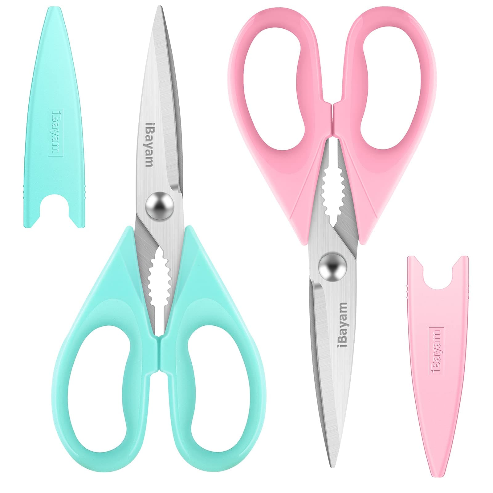 iBayam Kitchen Shears, Kitchen Scissors All Purpose Heavy Duty Meat Scissors Poultry Shears, Dishwasher Safe Food Cooking Scissors Stainless Steel Utility Scissors, 2-Pack, Pastel Pink, Mint Blue