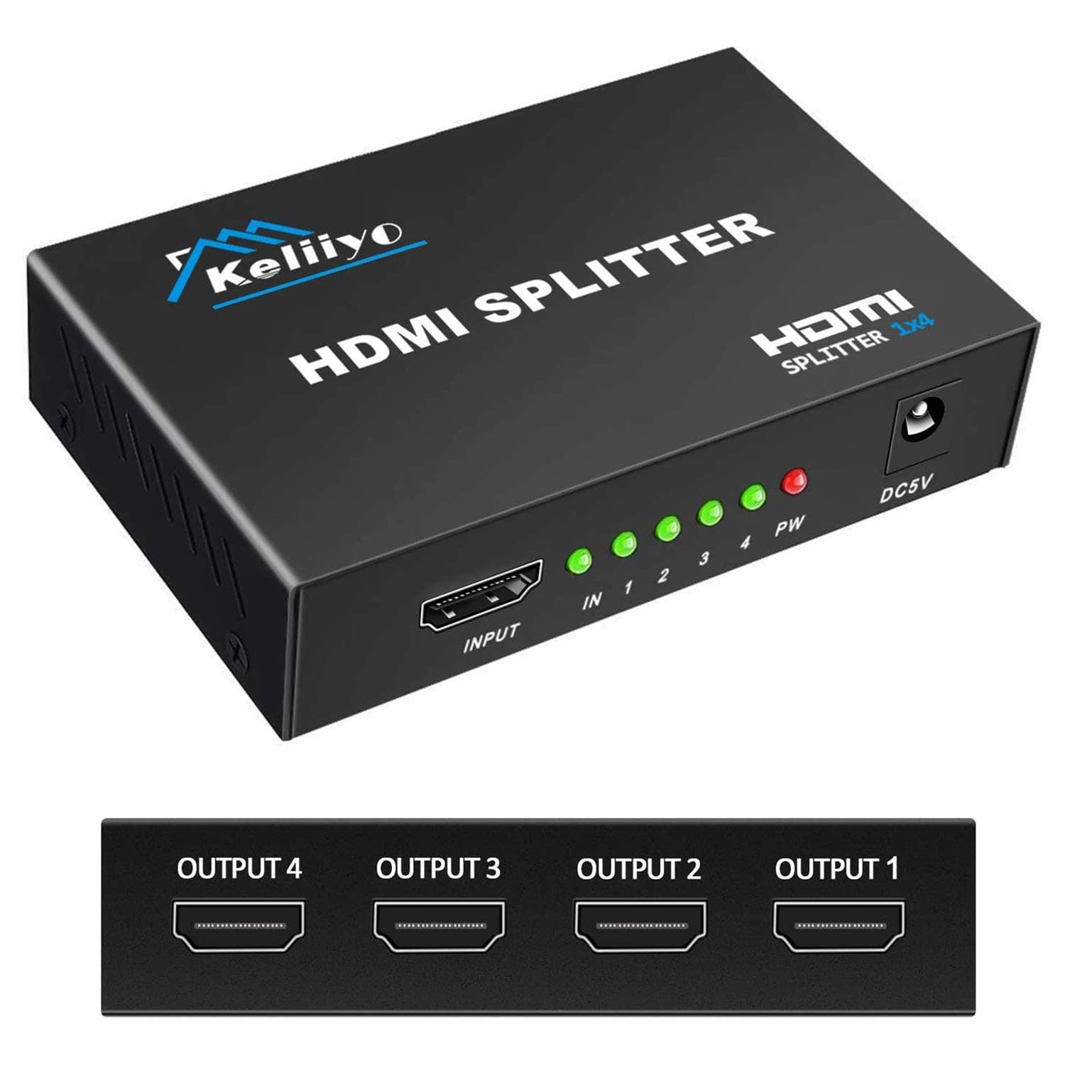 HDMI Splitter 1 in 4 Out V1.4b Powered HDMI Video Splitter with AC Adaptor Duplicate/Mirror Screen Monitor Supports Ultra HD 1080P 2K x4K@30Hz and 3D Resolutions (1 Input to 4 Outputs)