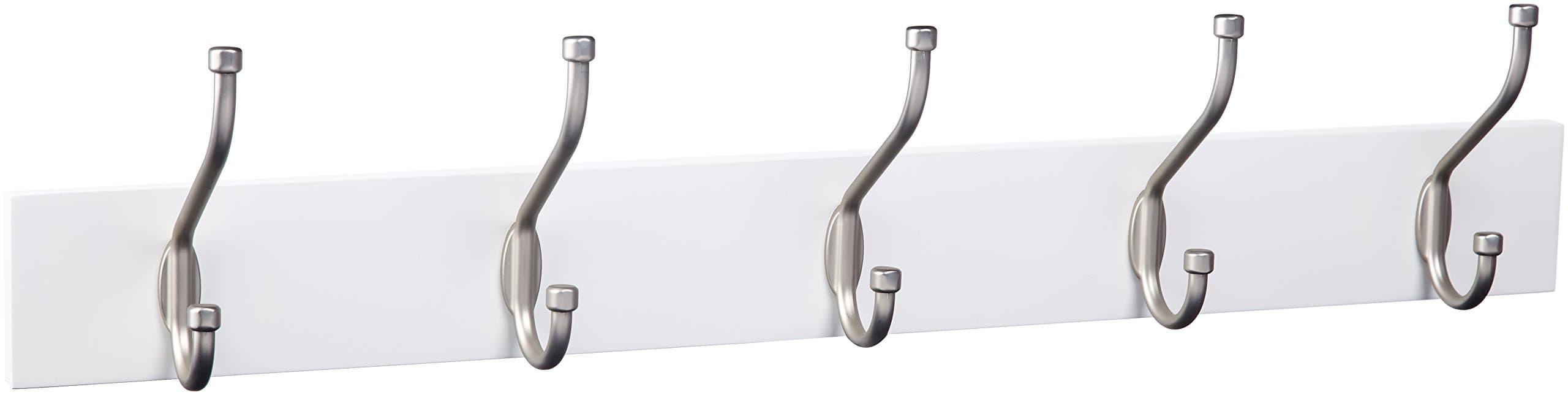 Amazon Basics Rectangular Wall Mounted Coat Rack - 5 Hook Standard, White, Lot of 1