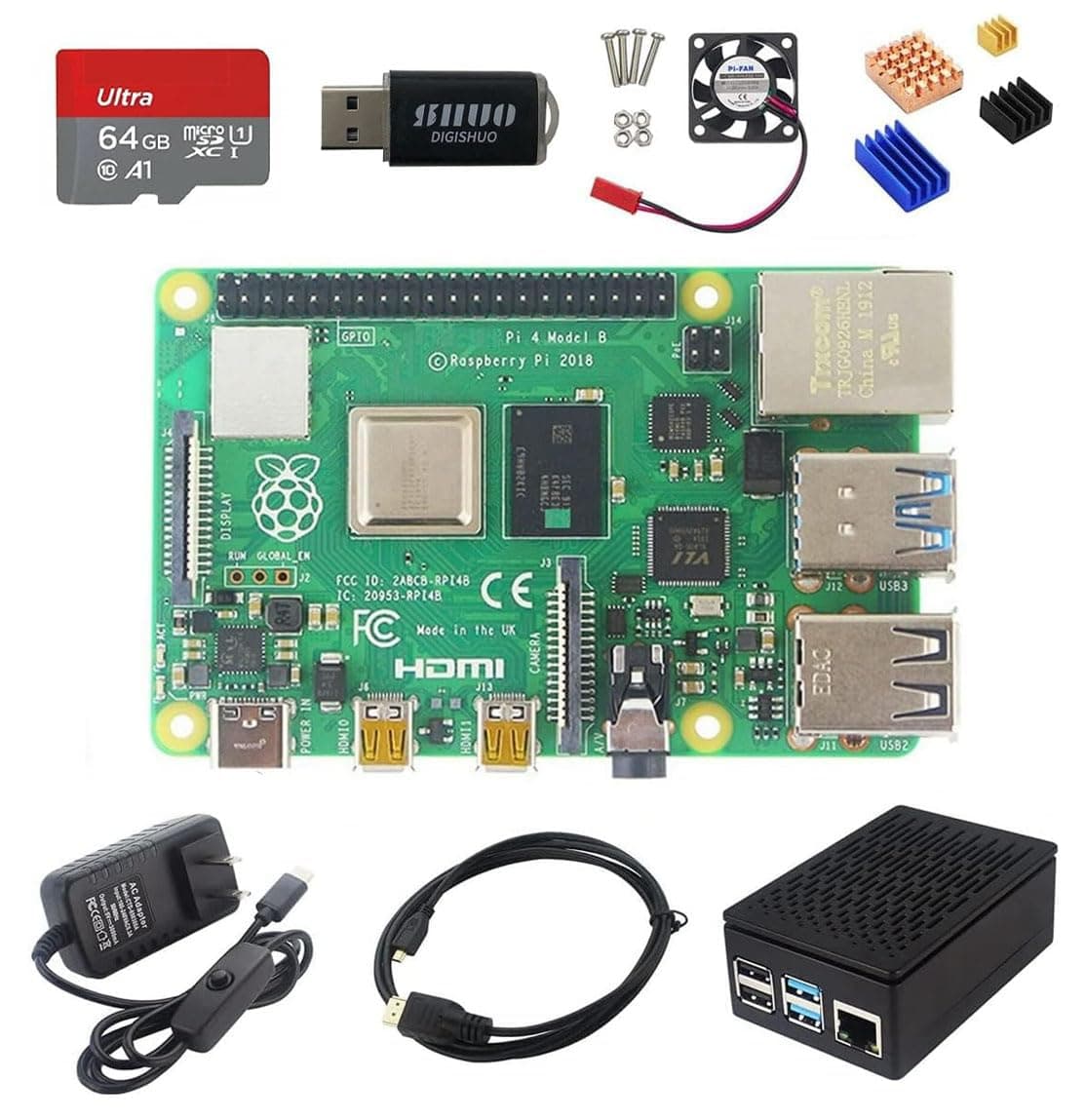 Raspberry Pi 4B Model B 4GB RAM DIY Kit | with Case | Pi Cooling Fan | San Disk 64G SD Card Micro-SD | Micro HDMI Cable | Sufficient 5V 3A Power Supply (4G Module 8 in 1 Kit)