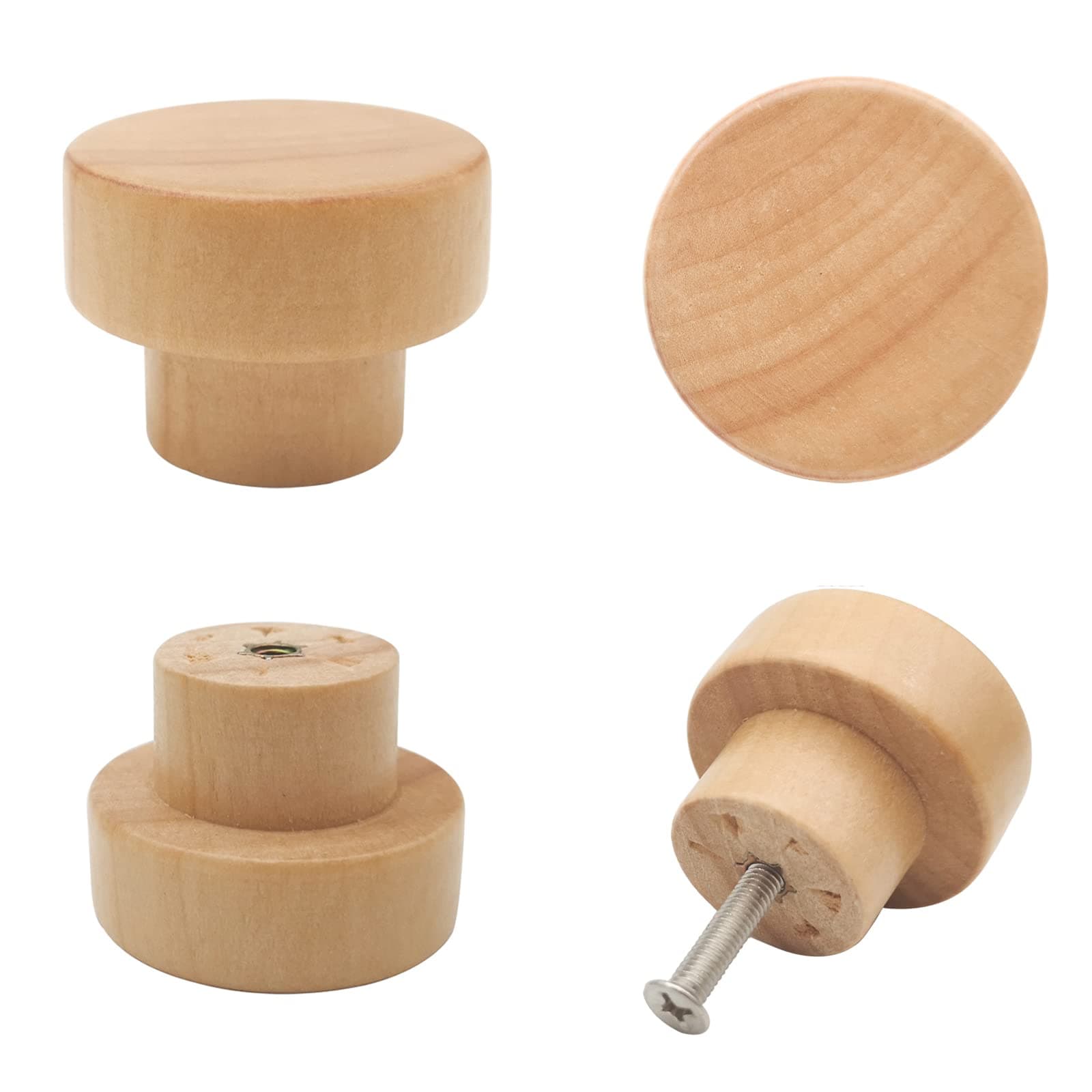 16PCS Wood Knobs Flat Top Round Cabinet Knobs Natural Wooden Dresser Drawer Pulls (Diameter: 35mm/1.38 inch, Height: 25mm/0.99 inch)