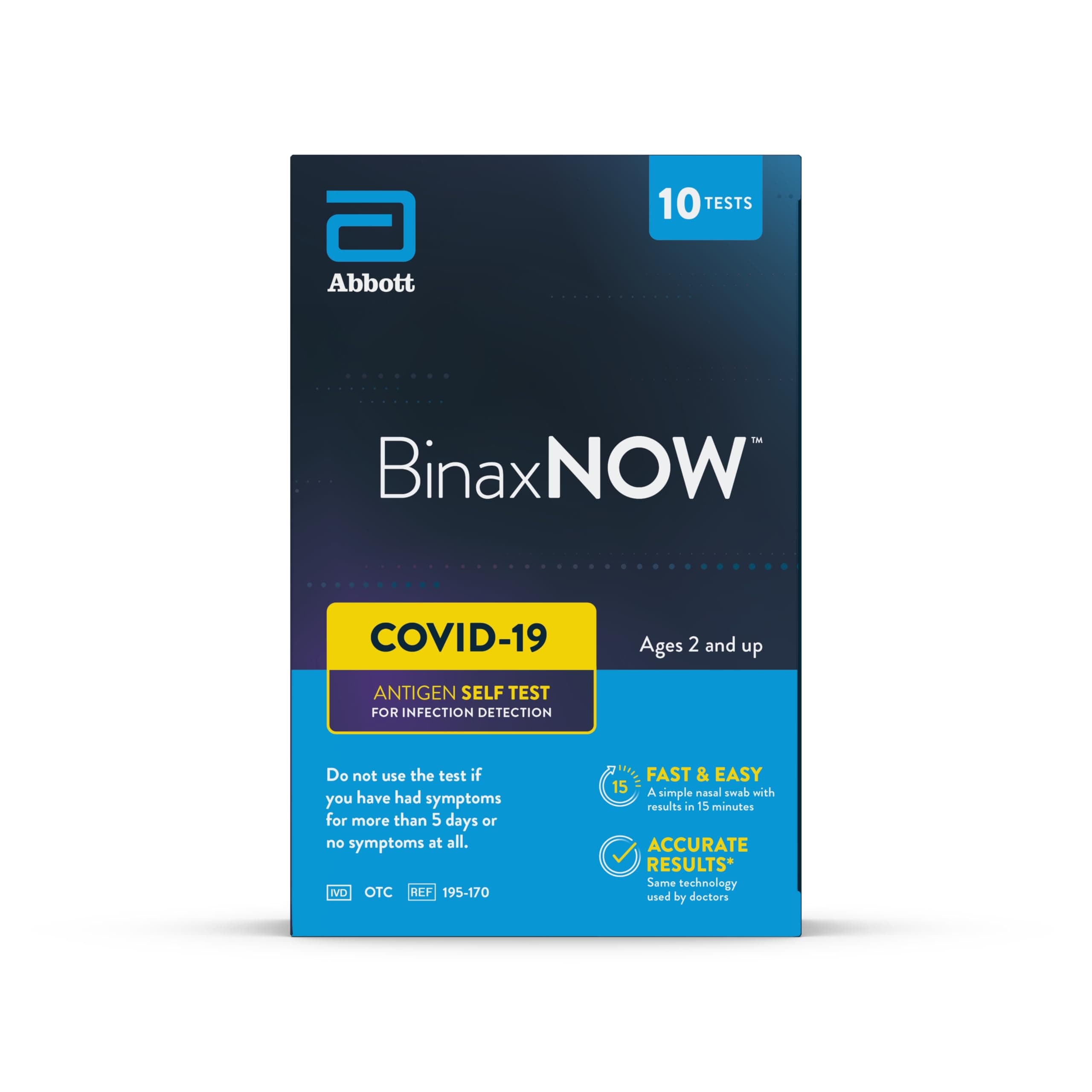 BinaxNOW COVID-19 Antigen Self Test, 1 Pack, 10 Tests Total, COVID Test With 15-Minute Results Without Sending to a Lab, Easy to Use at Home