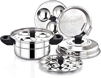 Stainless Steel Idly Maker Cooker Compatible with Induction and Gas Stove (2 Idli Plates/6 Idlis, 1 Mini Idli Plate/15 Mini Idlis and 1 Multi-Purpose momos Steamer/Idiyappam Steamer Plate)(6 idli)-Steamer/Modak/Momo Maker