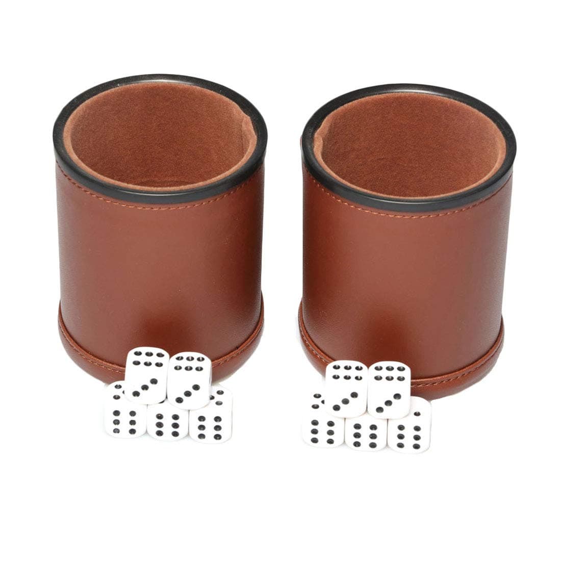 RERIVER Leather Dice Cup Set Felt Lining Quiet Shaker with 5 Dot Dices for Farkle Yahtzee Games,2 Pack (Brown)
