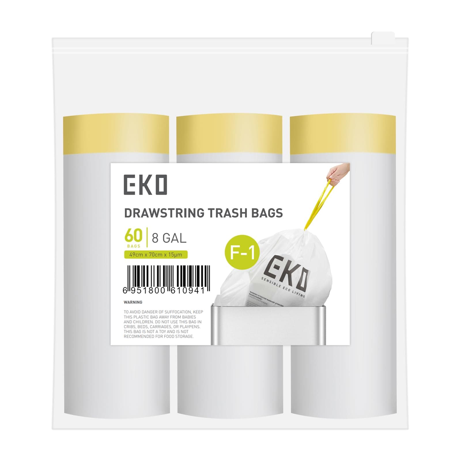 EKO 8 Gallon / 30.3 Liter, 60 Count Drawstring Trash Bags, Extra-Strong Unscented Garbage Bags, Easy-Dispense Roll for Kitchen & Household Use, Resists Tears, Leaks and Punctures, Code F-1, White