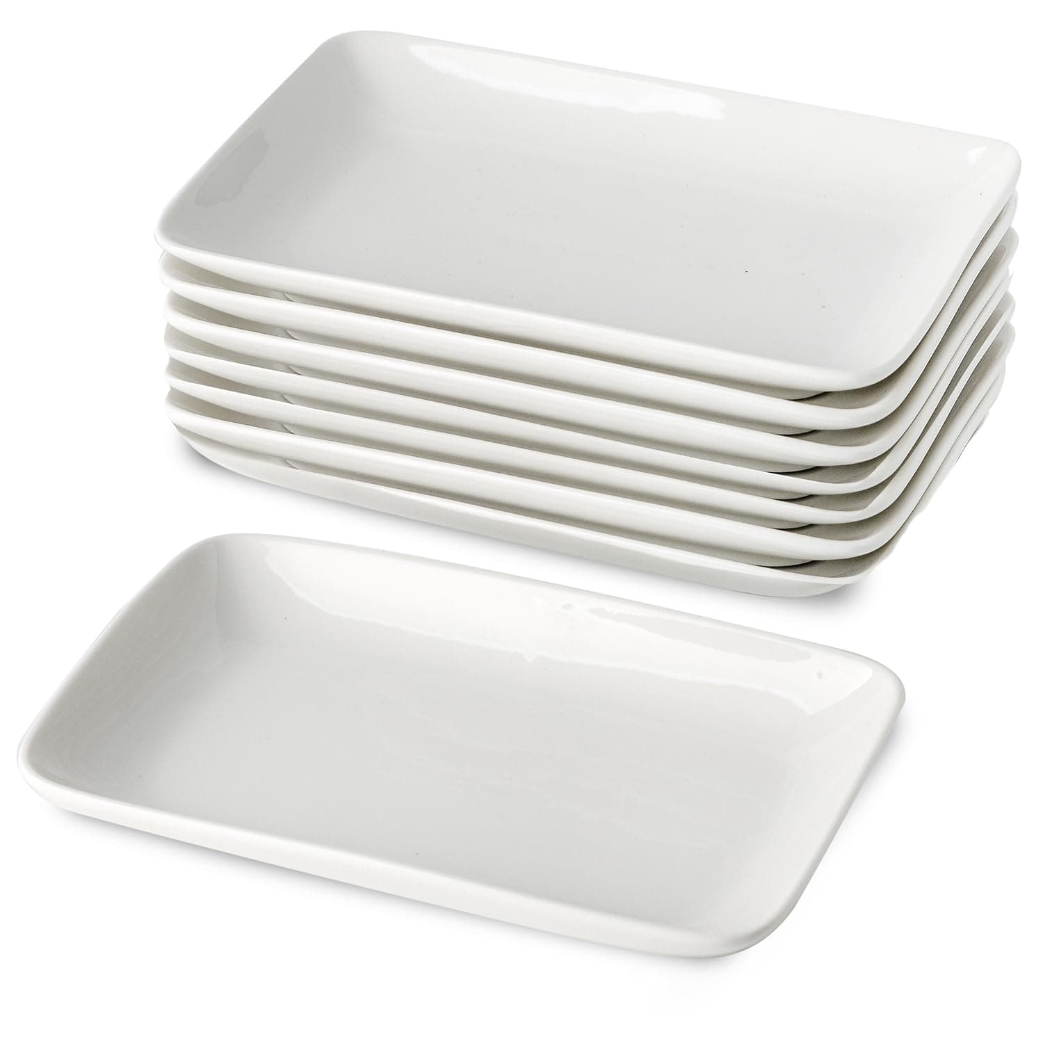 8 Inch Rectangular Appetizer Plates, Ceramic Dessert Plates, Salad Plates Set, Small White Serving Plates for Salad, Appetizer, Snack, Sushi, Microwave, Oven, Dishwasher Safe, Set of 8