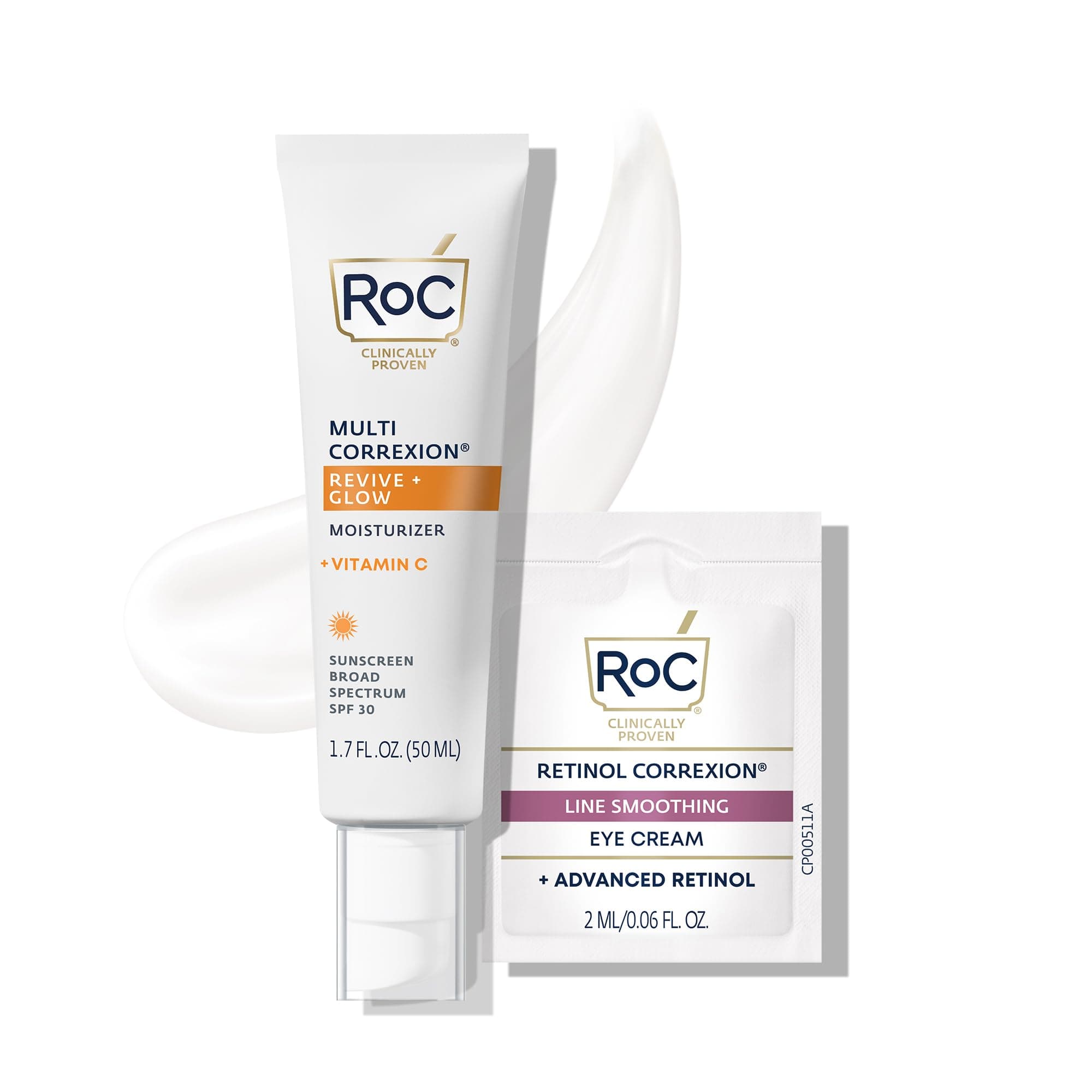 Multi Correxion Revive + Glow Vitamin C Sunscreen Broad Spectrum SPF 30 Face Moisturizer (1.7 oz) with Retinol Eye Cream Packette