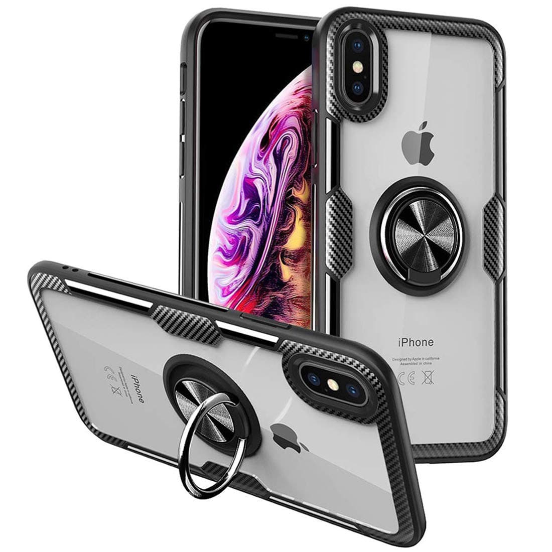 MOVOYEE Case for iPhone Xs Max Case Clear with Design,360 Roating Protective iPhone Xs Max Case Stand Ring Holder Magnetic Silicone Gel Hard Back Cover for Apple iPhone Xs Max Case Thin Fit 6.5-Black
