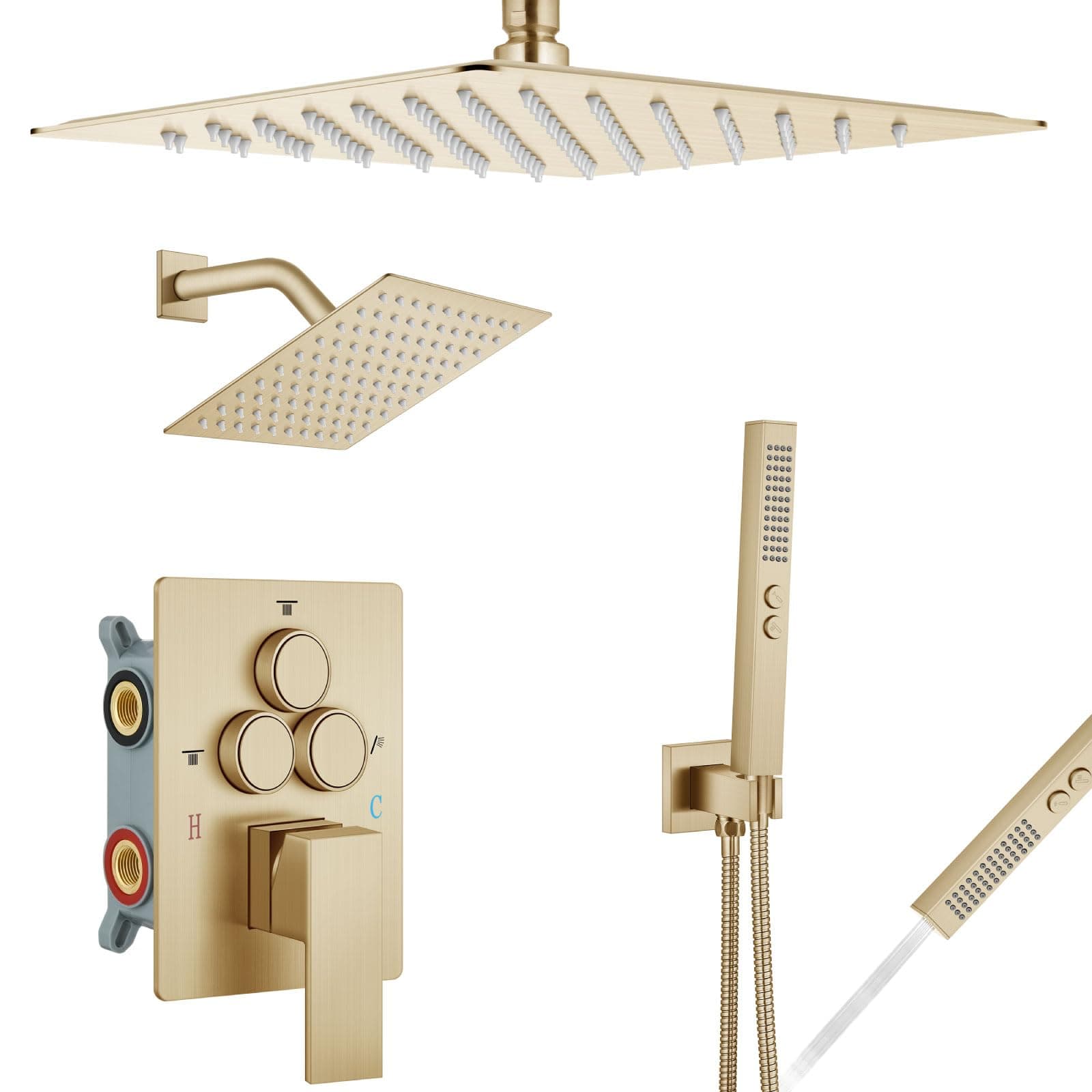 Aolemi Shower Faucet Set Ceiling Mount Shower System Rough-in Valve and Shower Trim Kit 12 and 6 Inch Dual Shower Head 2 in 1 Handheld Spray Push Button Diverter Brushed Gold