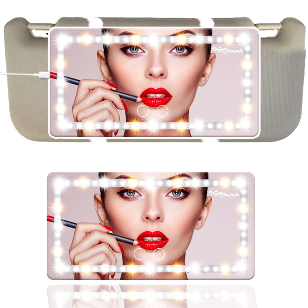SHOPPAIK Vanity Makeup Car sun visor Mirror with adjustable LED Light sensors white and Yellow lights Rechargeable Type-C Socket - White color - long lasting battery with charging cable