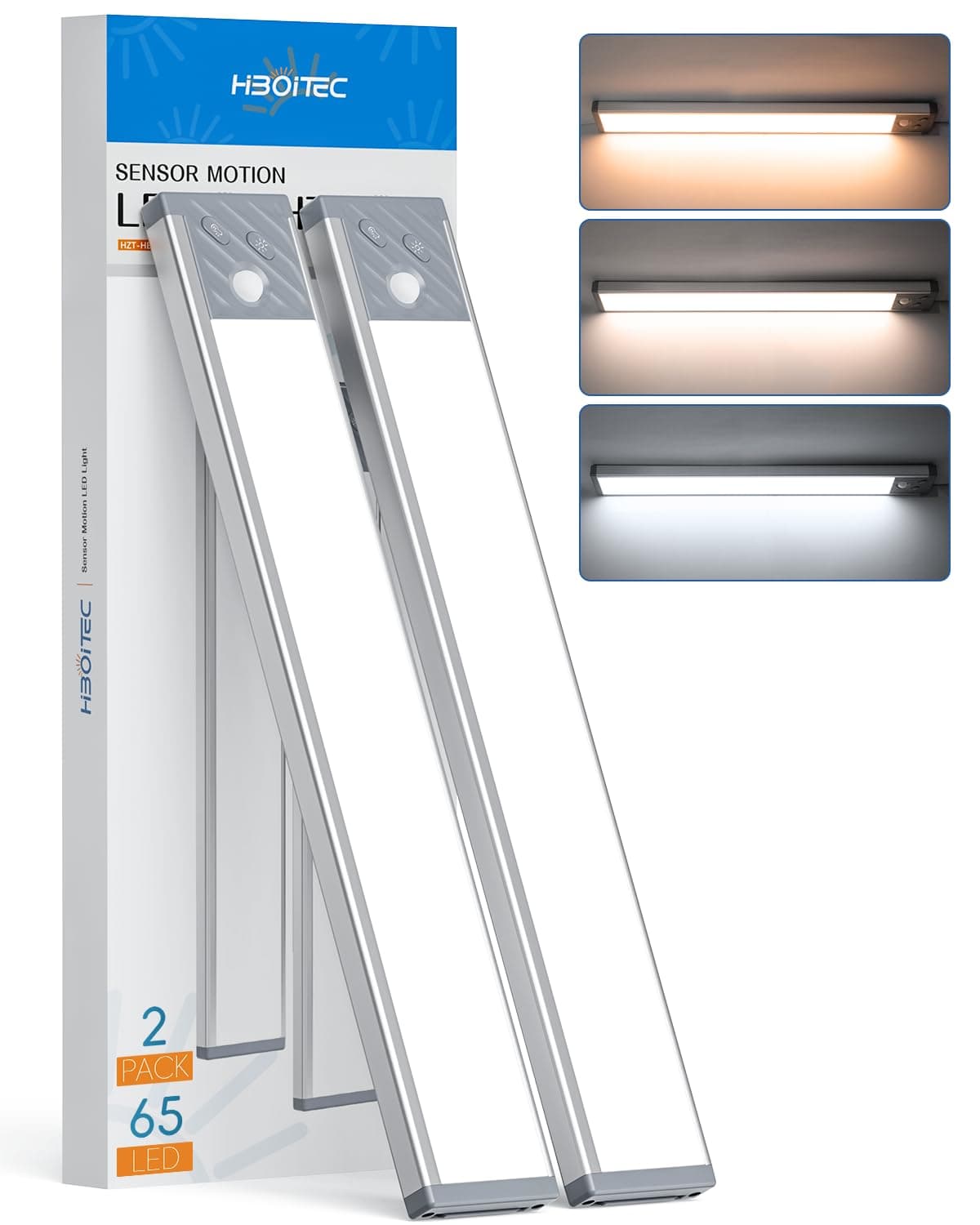 HIBOITEC 65 LED Wardrobe Lights Motion Sensor, 3 Color Dimmable Under Cabinet Kitchen Lights, 33.5CM 2500mAh Battery Cupboard Lamp, Rechargeable Lamp for Drawer, Kitchen, Hallway, Silvery