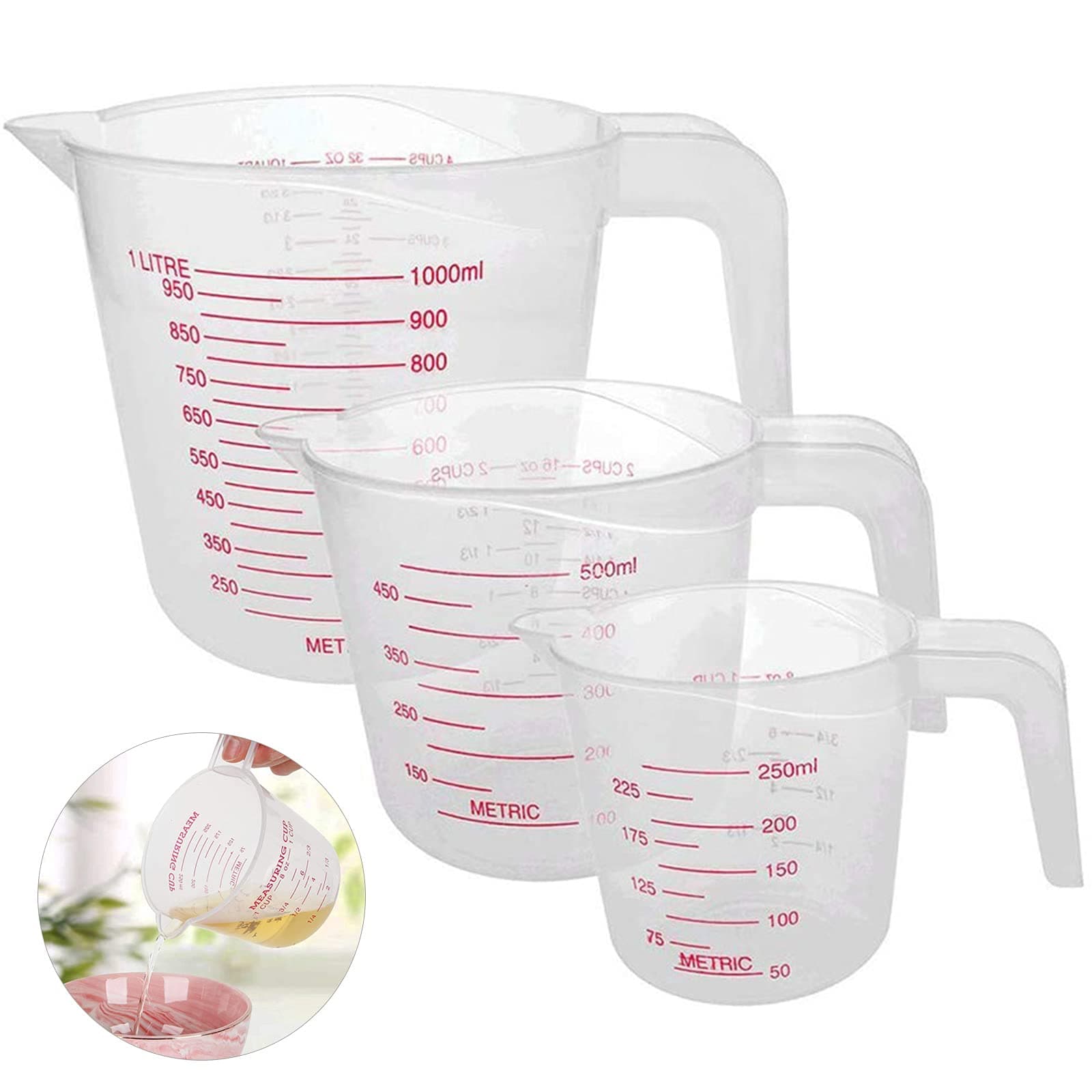 Measuring Jugs Set 250ML 500ML 1000ML Clear Measuring Cup for Cooking Baking, Plastic Measuring Jug BPA Free Stackable Plastic Jugs with Handle, Easy to Read Measurements, Cook with Accuracy
