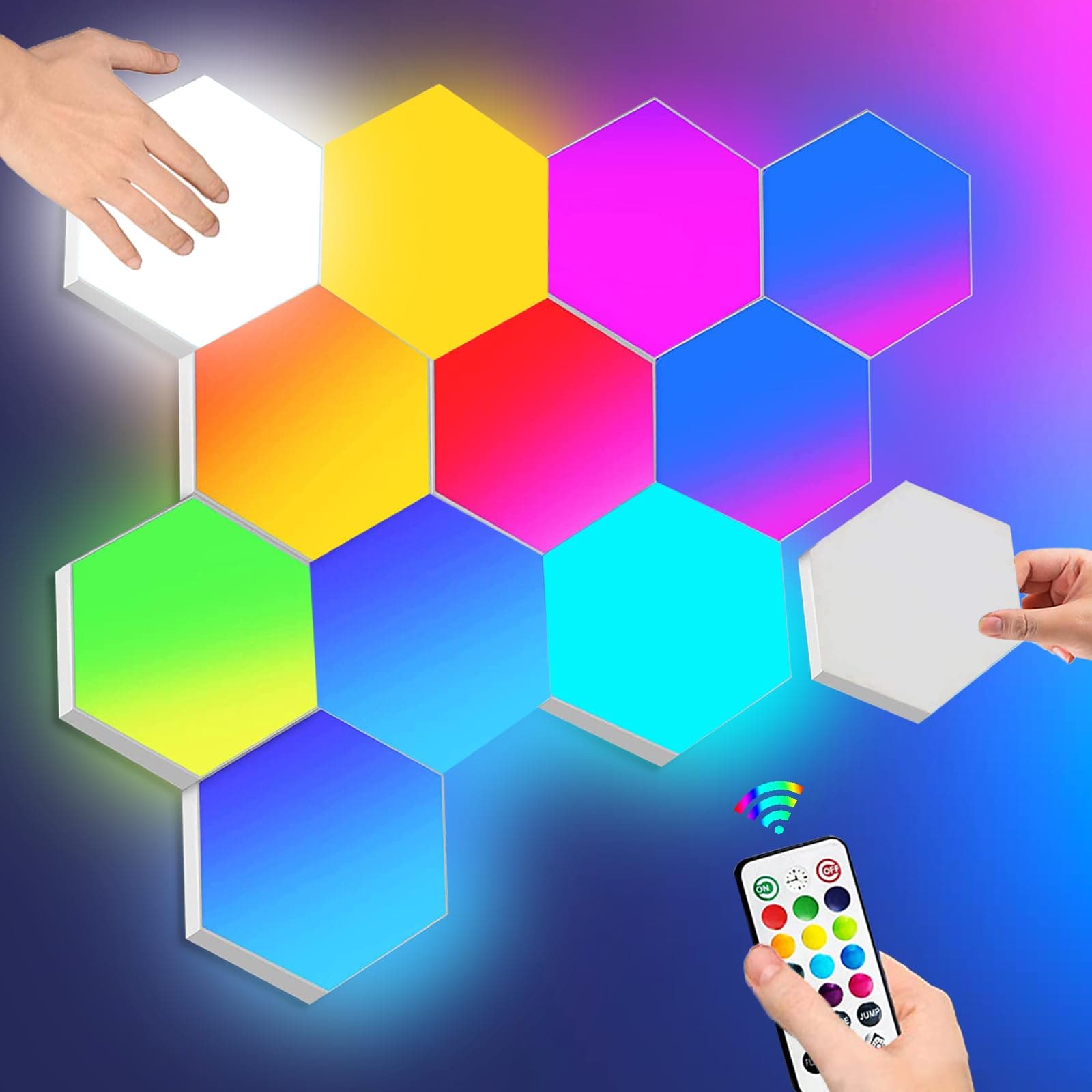 Hexagon Lights with Remote Control, Smart LED Wall Light Panels Touch-Sensitive RGB Gaming Night Lights Mood Lightning DIY Geometry Splicing Module for Gaming Setup/Home Bar Party Decor, 7 Pack