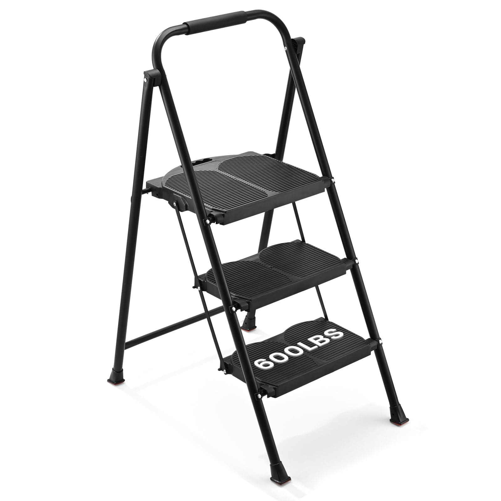 600lbs 3 Step Ladder,Folding Step Stool with Wide Anti-Slip Pedal, Heavy Duty Sturdy Steel Ladder with Handgrip,Portable Steel Step Stool for Home Kitchen Library Office (Matte Black)