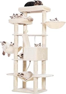 Heybly Cat Tree, 68 inch Multi-Level Cat Tower for Indoor Cats, 2 Widened Plush Perches Cat Condo with Scratching Board and Big Caves, Beige HCT025M