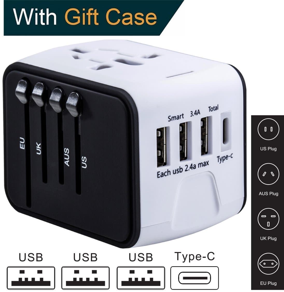 Type C Travel Adapter by Guez Products | Power Adapter for iPhone, Samsung and more | Travel Charger / Smart Charge 2.4A USB And 3.0A Type-C Port | White