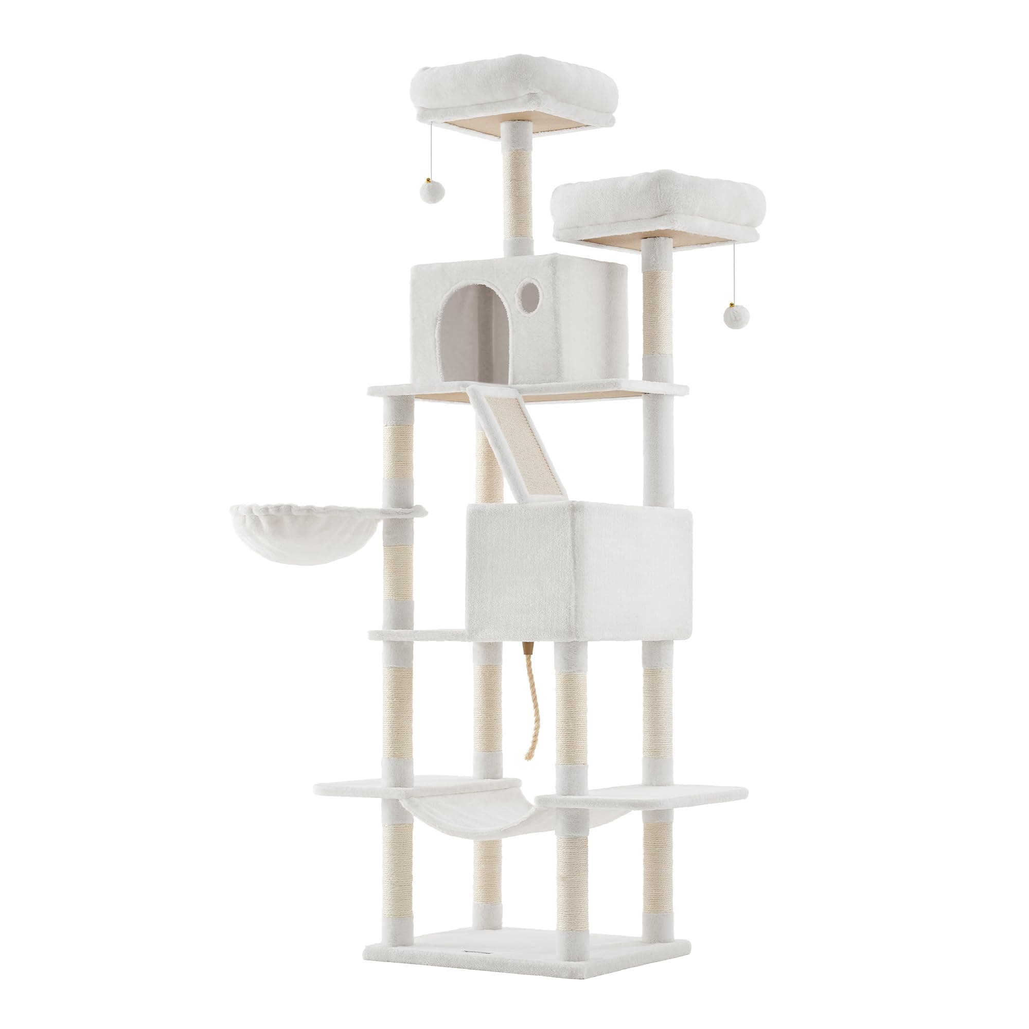 Feandrea Cat Tree, 206 cm Large Cat Tower Condo with 13 Scratching Posts, 1 Scratching Ramp, 2 Perches, 2 Caves, Basket, Hammock, Pompoms, Cream White PCT190T01V1