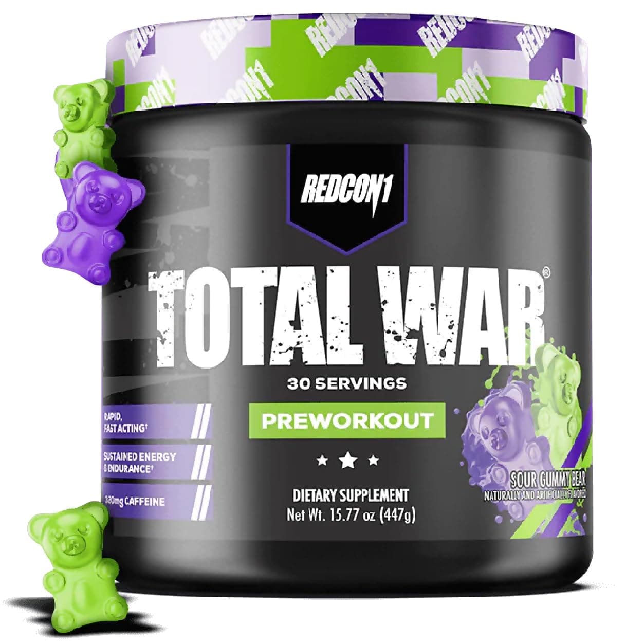 REDCON1 Total War Pre Workout, Sour Gummy Bear - Fast Acting Caffeinated Preworkout for Men + Women with Beta Alanine - Contains Citrulline Malate for Increased Pump, Blood Flow (30 Servings)
