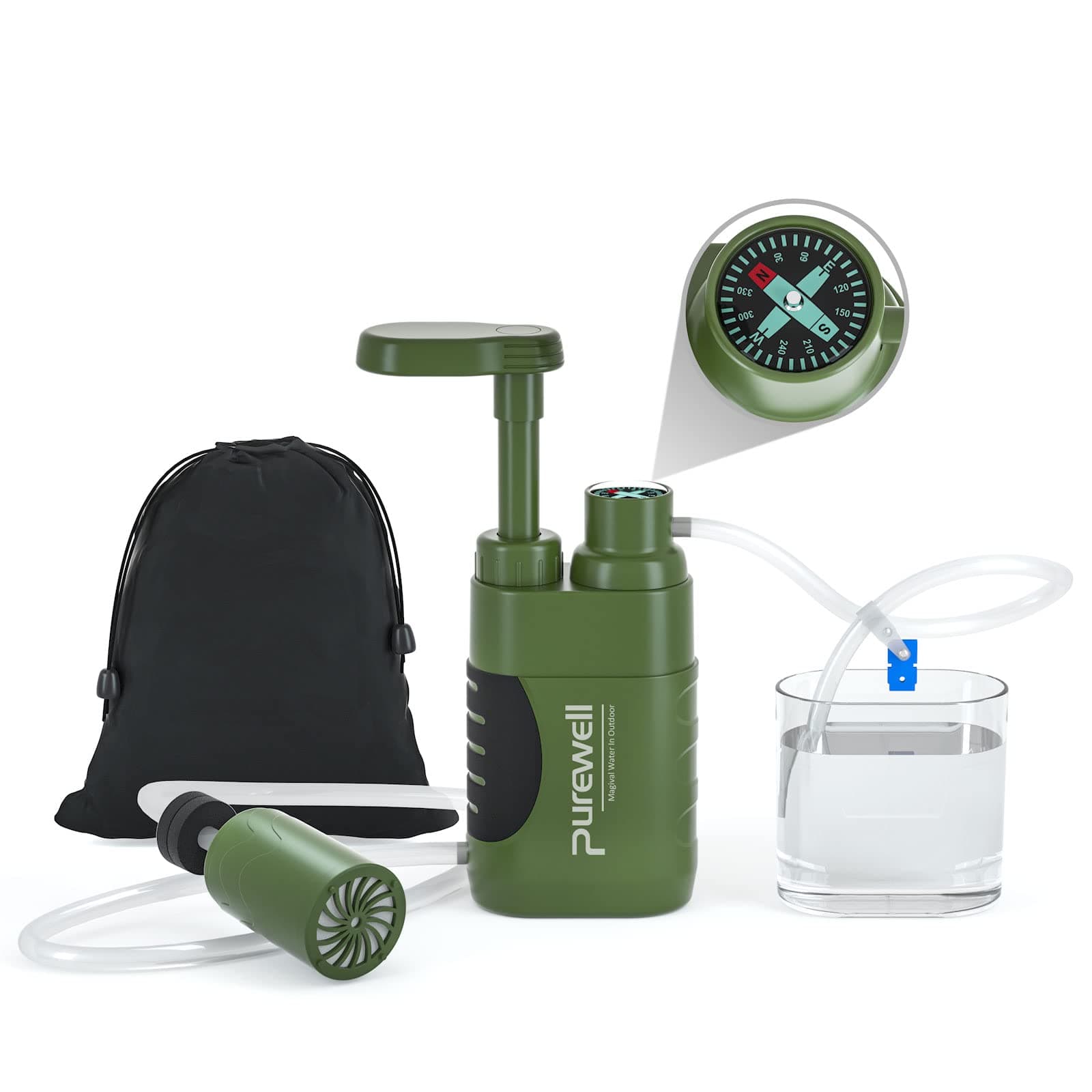 Purewell Water Hand Purifier Pump with Replaceable Carbon 0.01 Micron Water, Stages, Portable Outdoor Emergency and Survival Gear - Camping, Hiking, Backpacking(Green)