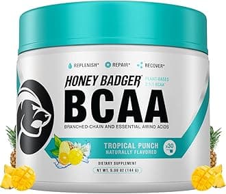 Honey BadgerBCAA + EAA Amino Acids Powder, BCAAs + L-Glutamine, Keto, Vegan, Sugar Free for Men & Women, Hydration & Post Workout Muscle Recovery Drink Mix, Tropical Punch, 30 Servings