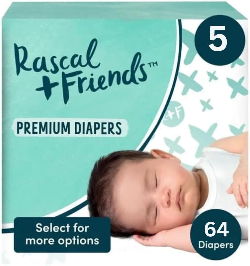 Rascal Premium Absorbent Baby Diapers Size 5, 64 Count, 12 Hour Leak Protection, 28-39 lbs