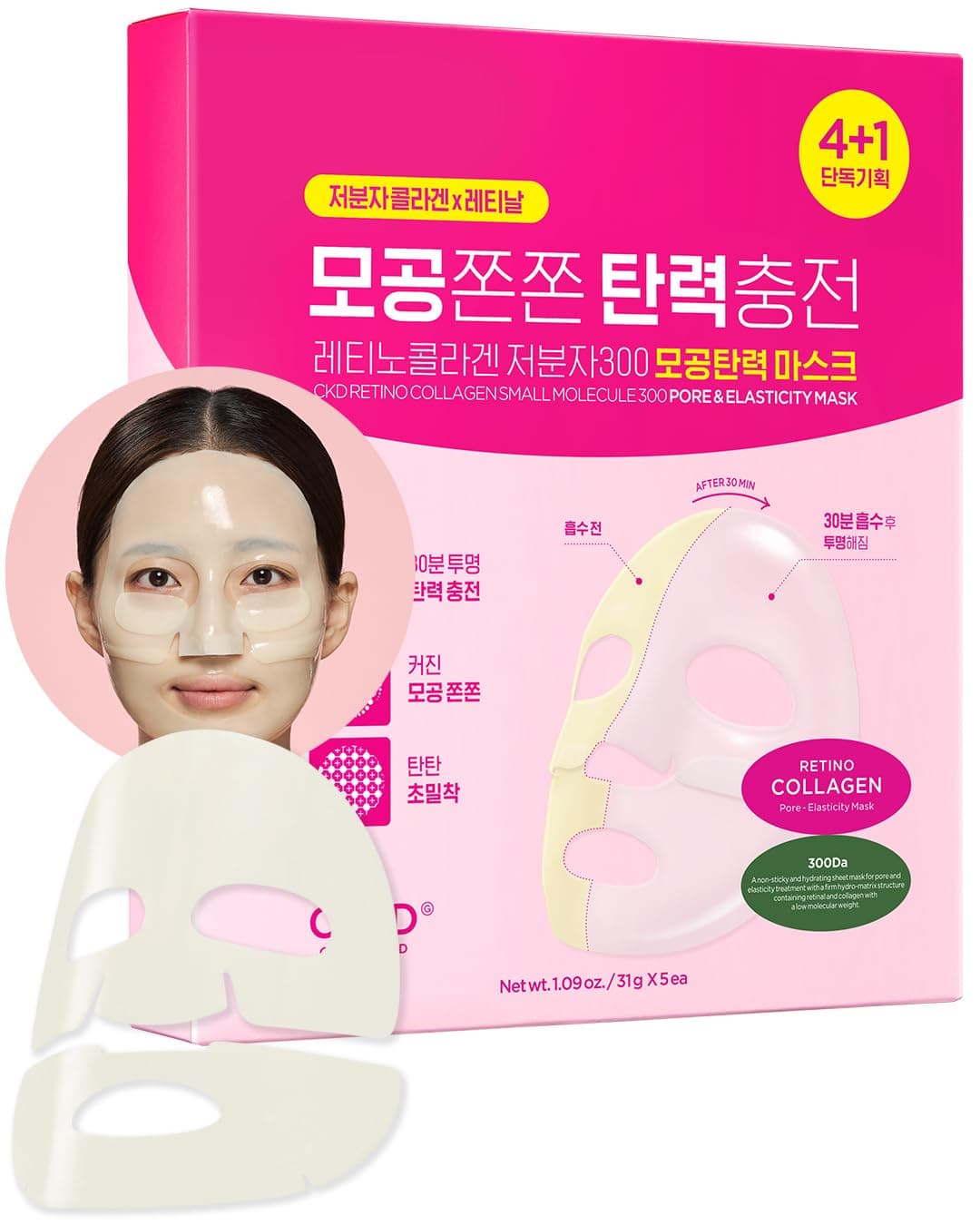 CKD Elastic Mask with Retino Collagen, Small Molecule, Hydrogel, Anti-Aging Face Mask, Face Mask to Restore Elasticity and Firmness, 5 Sheets