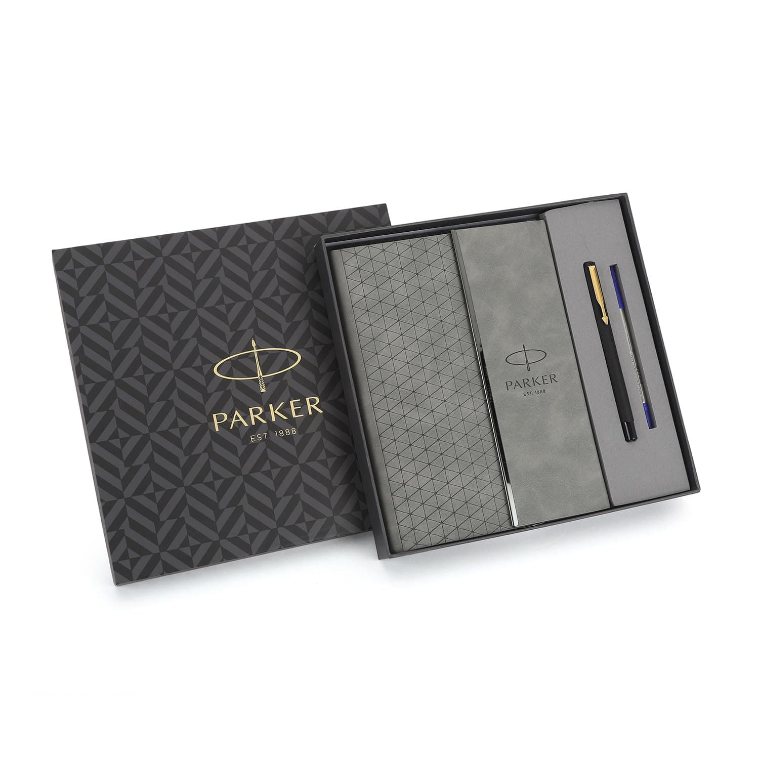 Parker Gift Set | Vector Matte Black Gold Trim Roller Ballpoint Pen Gray Flip PU Notebook | 1 Pen + 1 Notebook | Ink Color - Blue