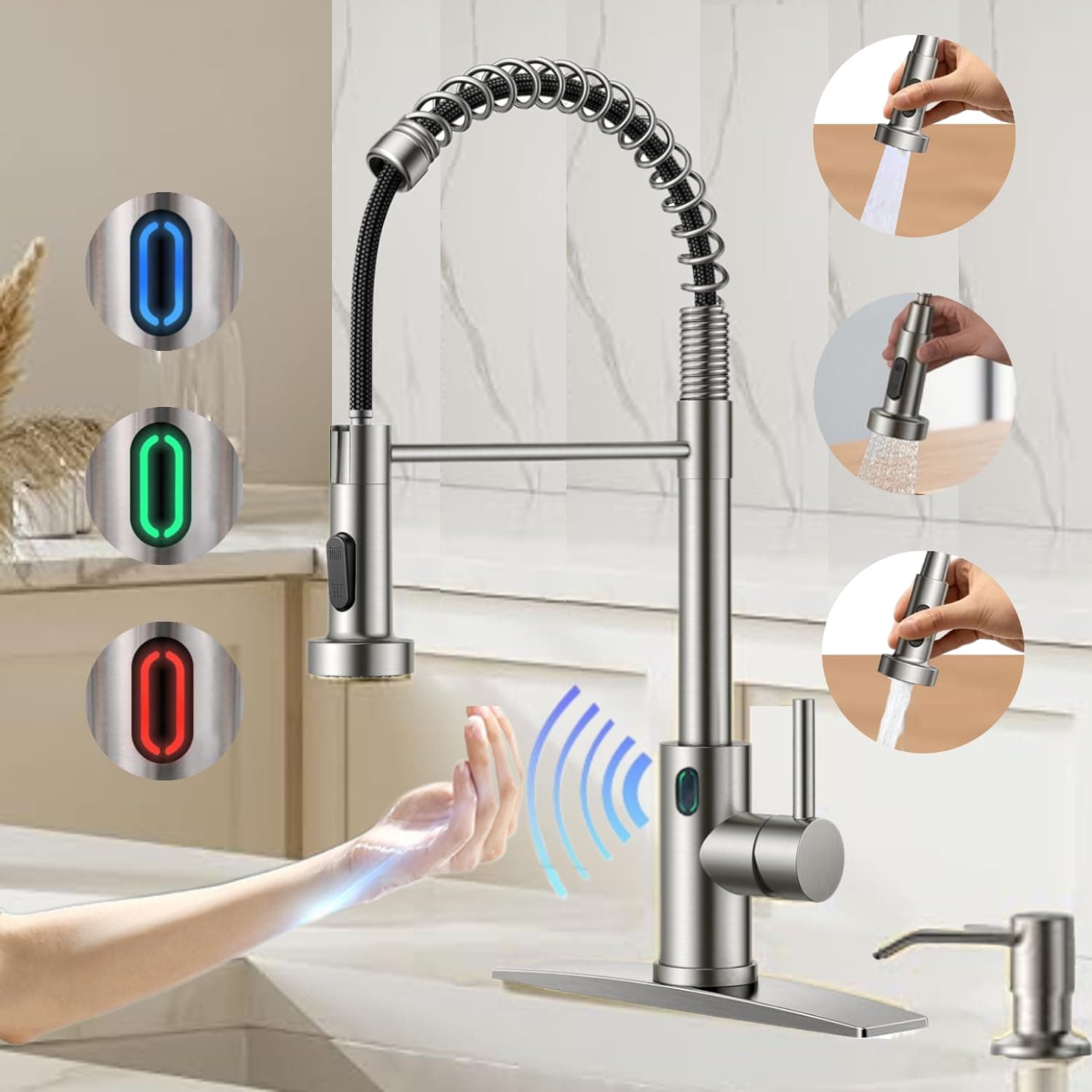 Touch-Less Kitchen Faucet, 3 Modes Pull Down Sprayer, Sensor Activated, LED Temperature Control, 360-Degree Rotation, 1 or 3 Hole Deck Plate. 10-Year Wrranty.(Matte Nickel, KW-79SN)